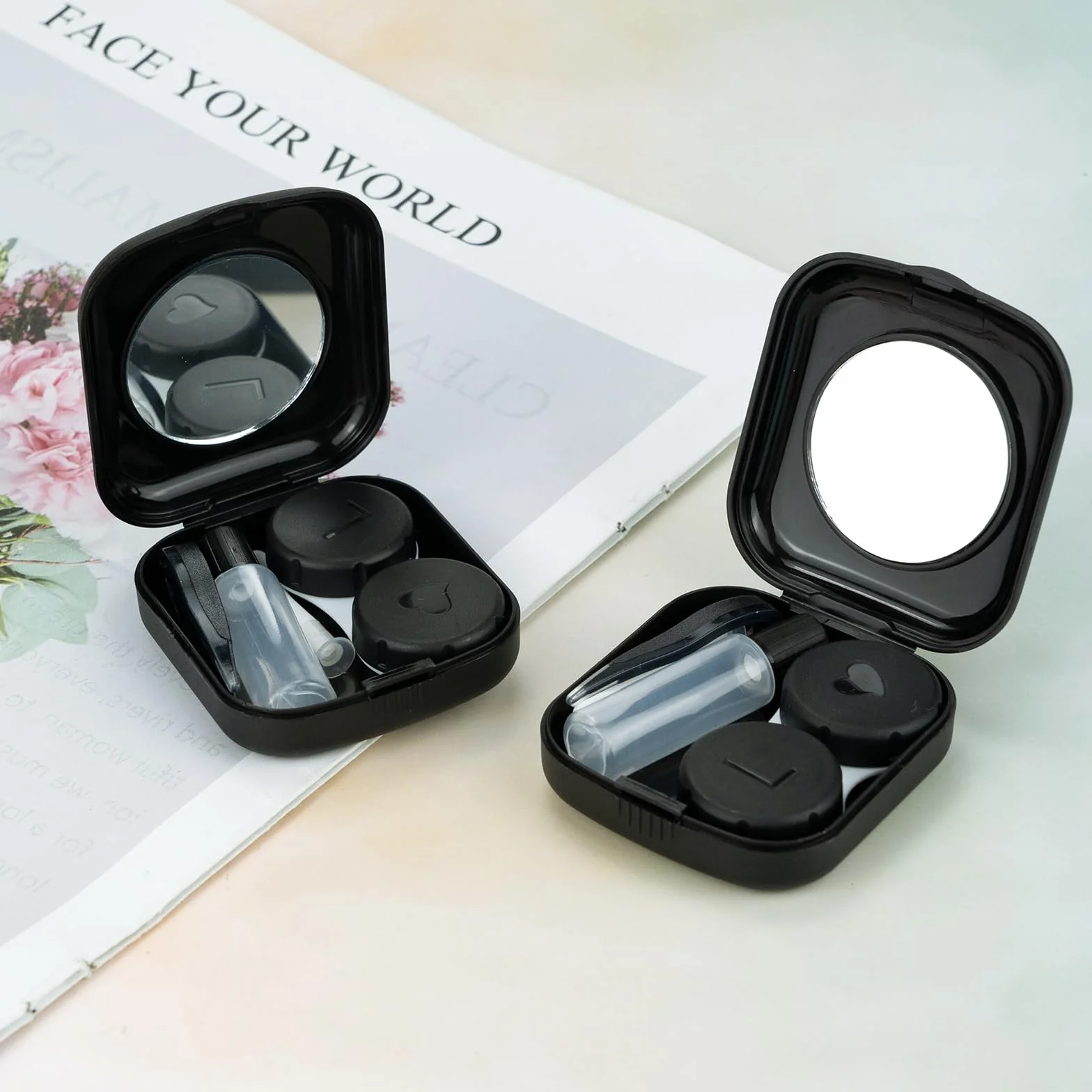 Custodia per Lenti a Contatto con Specchio Set di 2, Porta Lenti da Viaggio Igienica Portatile Nero