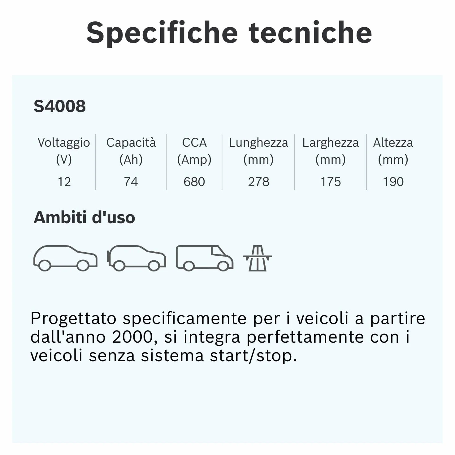 Bosch S4 008 Batteria per Auto 74 A/h - 680 A - 12 V, Batteria al Piombo-Acido per Veicoli senza Sistema Start/Stop, Polarità: Sinistra (-) Destra (+), 278 x 175 x 190 mm