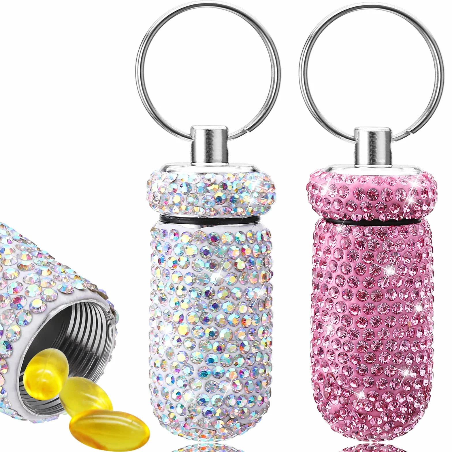 Cobee Contenitore per pillole impermeabile portatile 2 pezzi con cristalli portachiavi