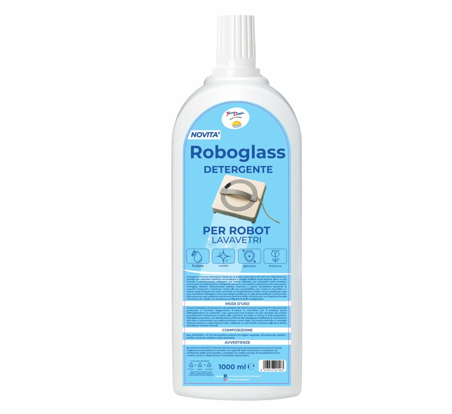 Roboglass Soluzione detergente 1 L per robot lavavetri formula igienizzante con flacone 250 ml in regalo