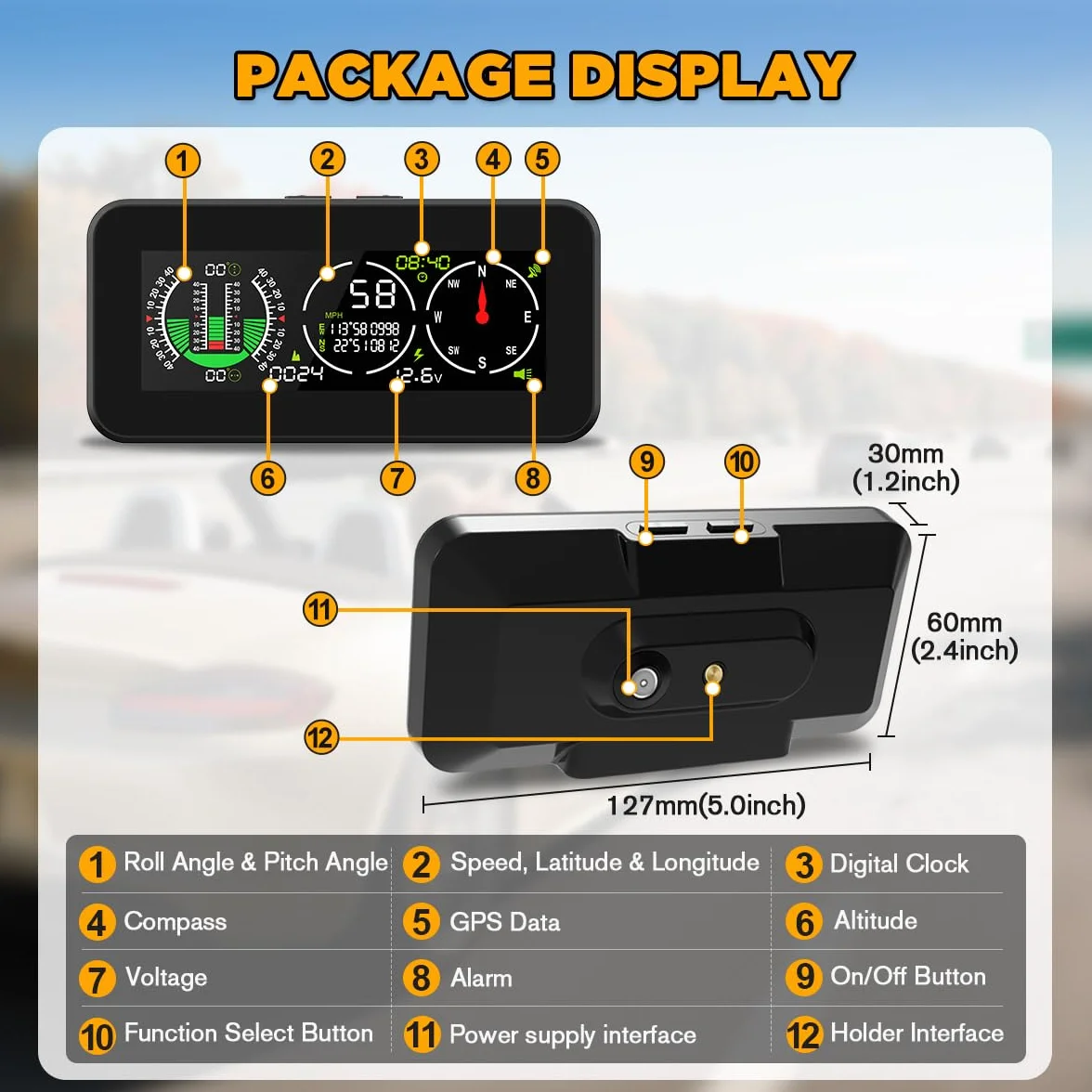 Auto Inclinometro Digitale GPS HUD Pitch Angle Slope Meter MPH Speedometer con Bussola per Veicoli Fuoristrada SUV