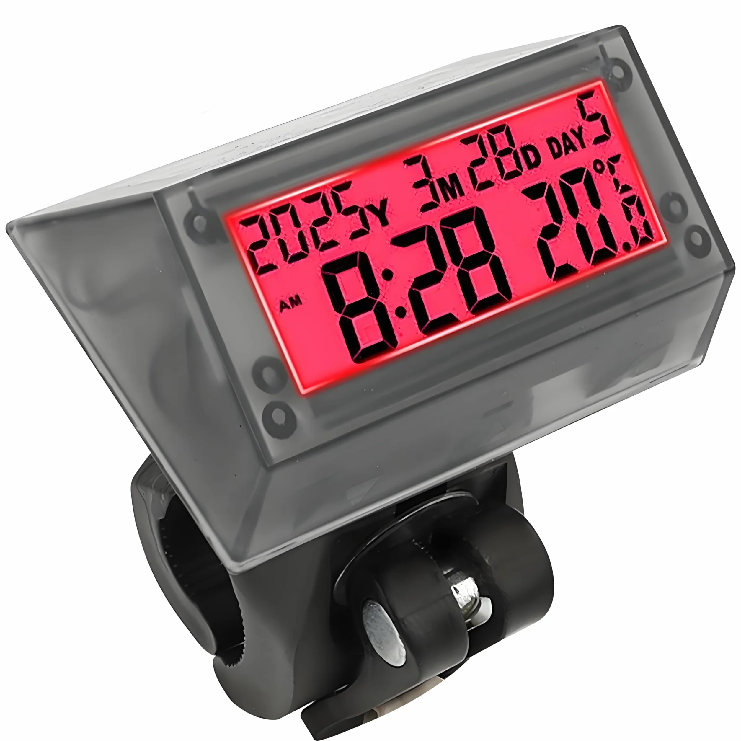 Orologio LCD ad energia solare -Orologio digitale multifunzionale per auto,impermeabile e antiurto,con ora, data, settimana, temperatura, supporto per maniglia per auto,moto,bicicletta,luce rosso