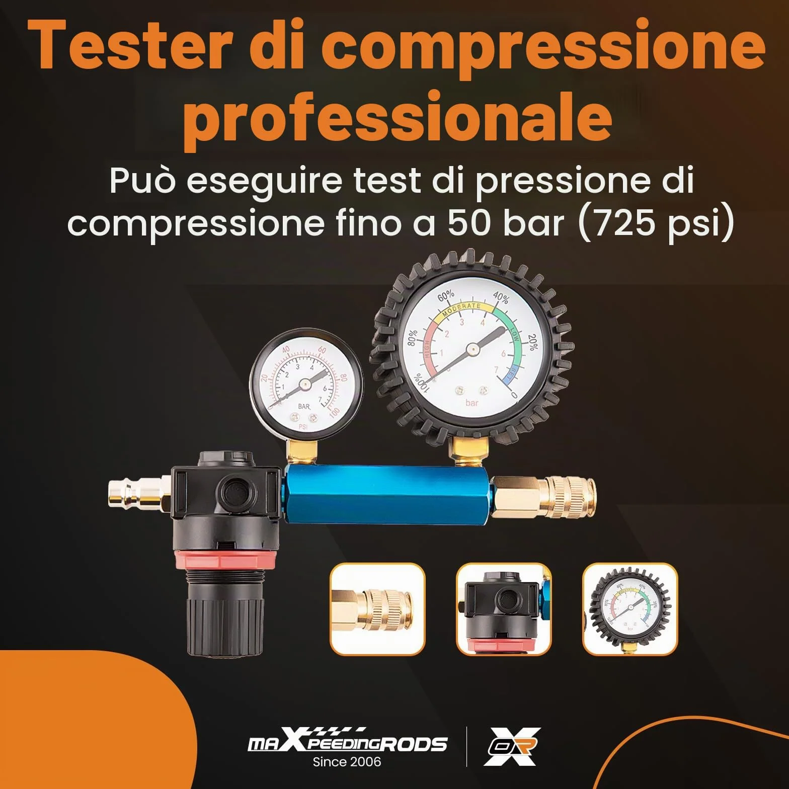 maXpeedingrods Tester di compressione per motori a benzina e diesel, 46 pezzi, tester di perdita di pressione per motori diesel, benzina, auto, camion, 50 bar, M10 M-12 M14 M-18
