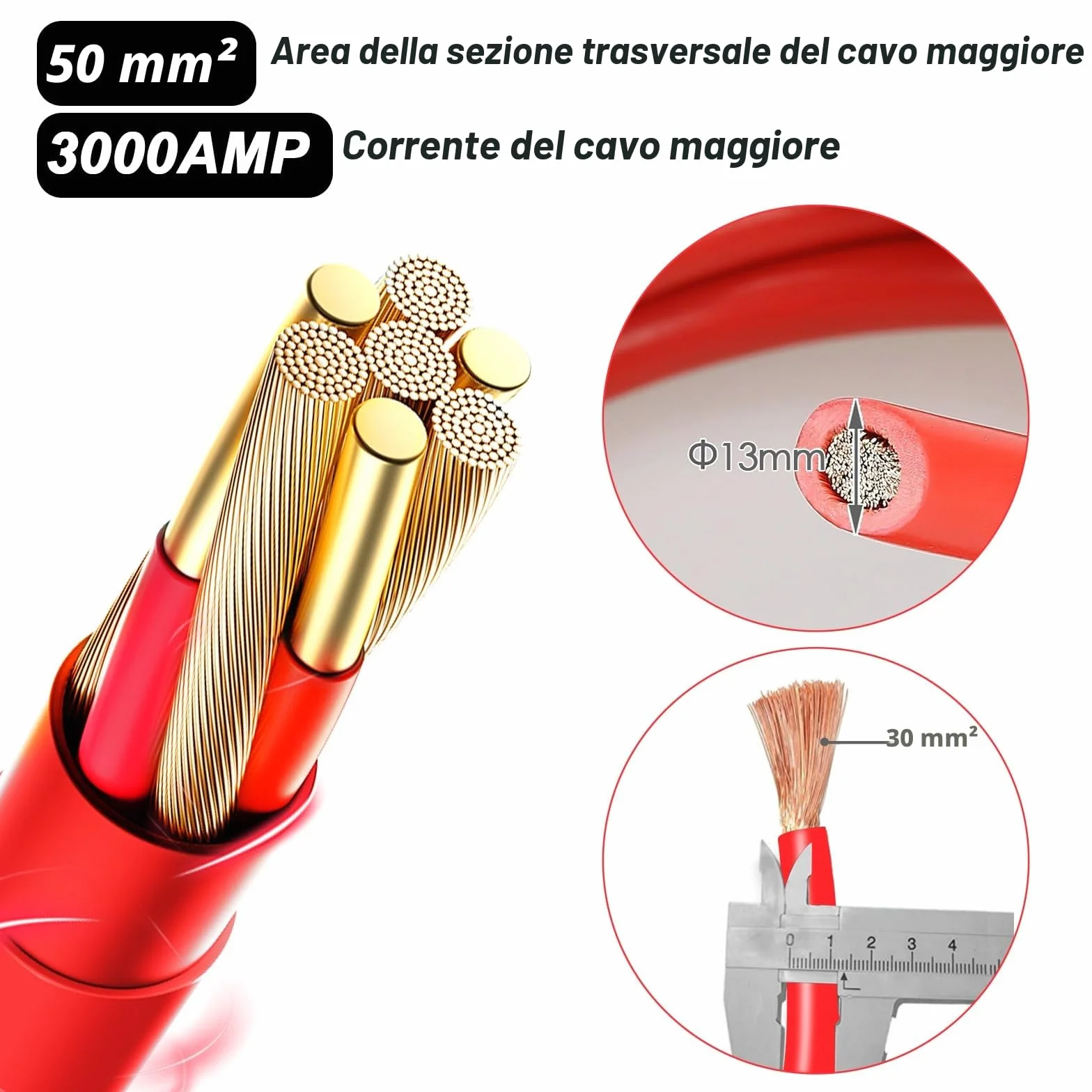 MAMIZO Cavo di avviamento, 6 m, 50 mm², 3000 A, cavo di avviamento, 12 V/24 V, avvio rapido, con guanti di protezione, per auto, camion (6 m)