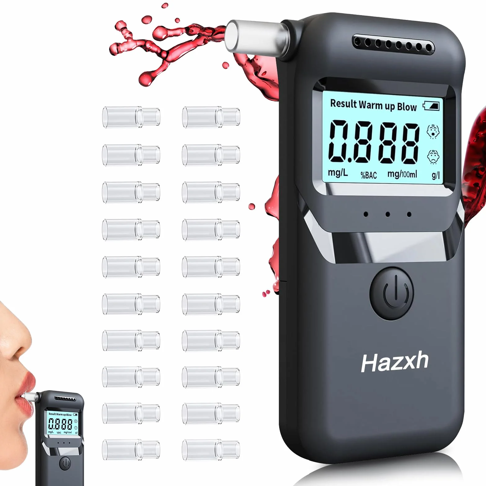 Etilometro Portatile Certificato per Alcol Test, Misuratore di Alcol Professionale Digitale, Sensore Semiconduttore, Display LCDigitale, Misurazione Rapida e Accurata, con 20 Beccucci