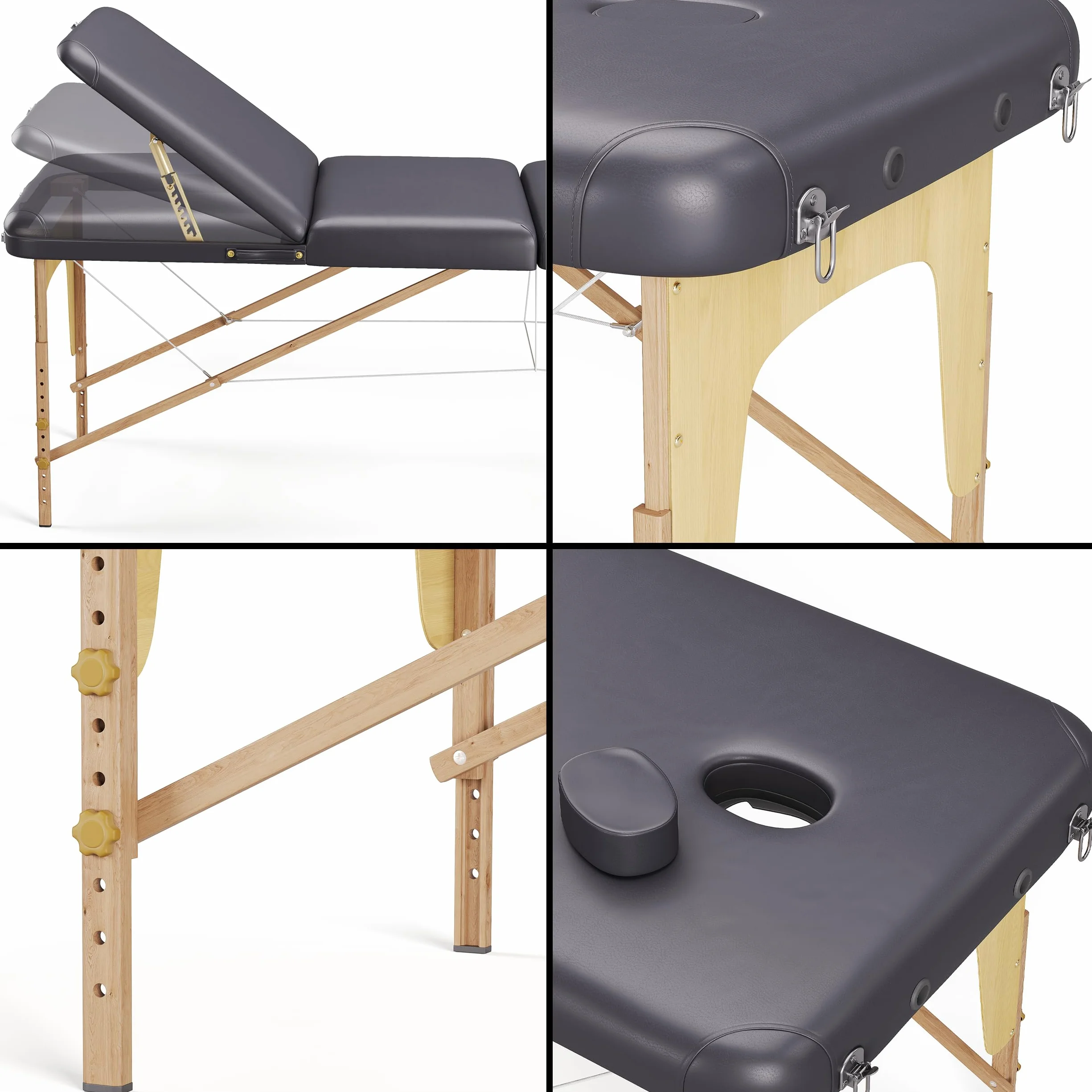 Beltom Lettino da Massaggio 3 Zone in Legno 185x60 cm Portatile 14,3 kg Nero