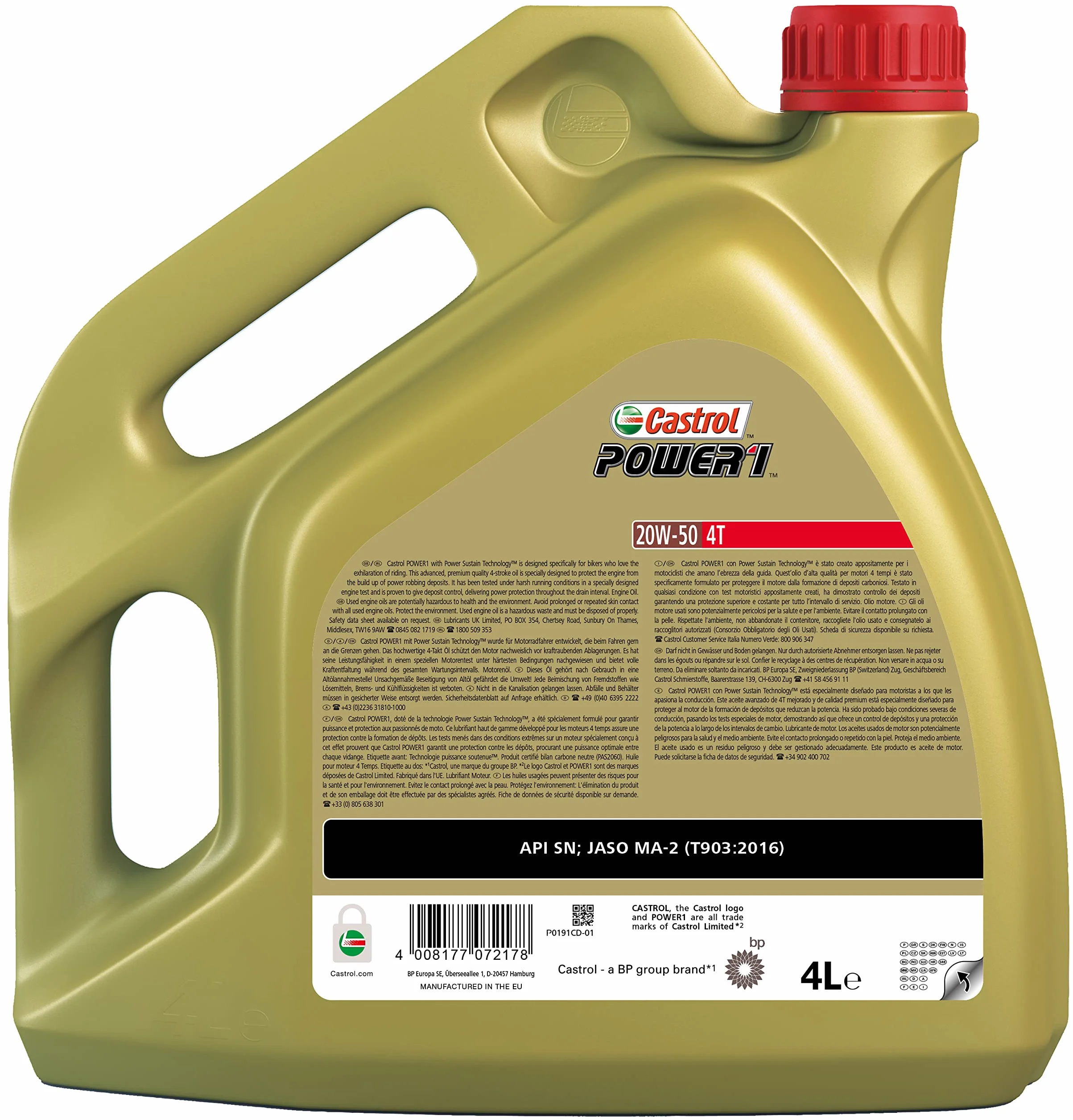 Castrol Power 1 4T 20W50 4 Litri Olio Motore Sintetico per Moto 4 Tempi
