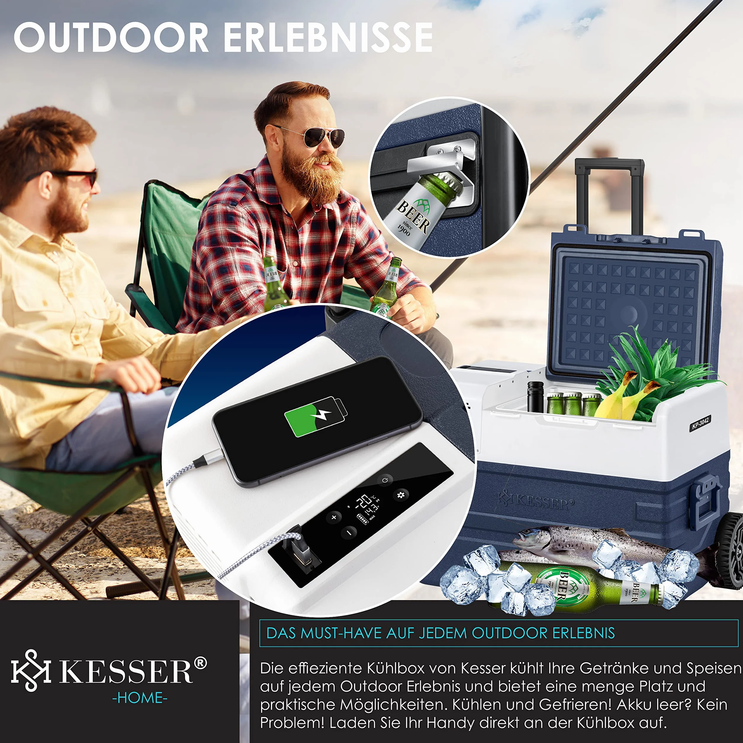 KESSER® Compressore Box congelatore elettrico Congelatore 42 litri, con controllo APP connessione USB 12/24 V 230V, +Telescopico Ruote Frigorifero raffreddamento a -20 ° C per auto, camion, barca