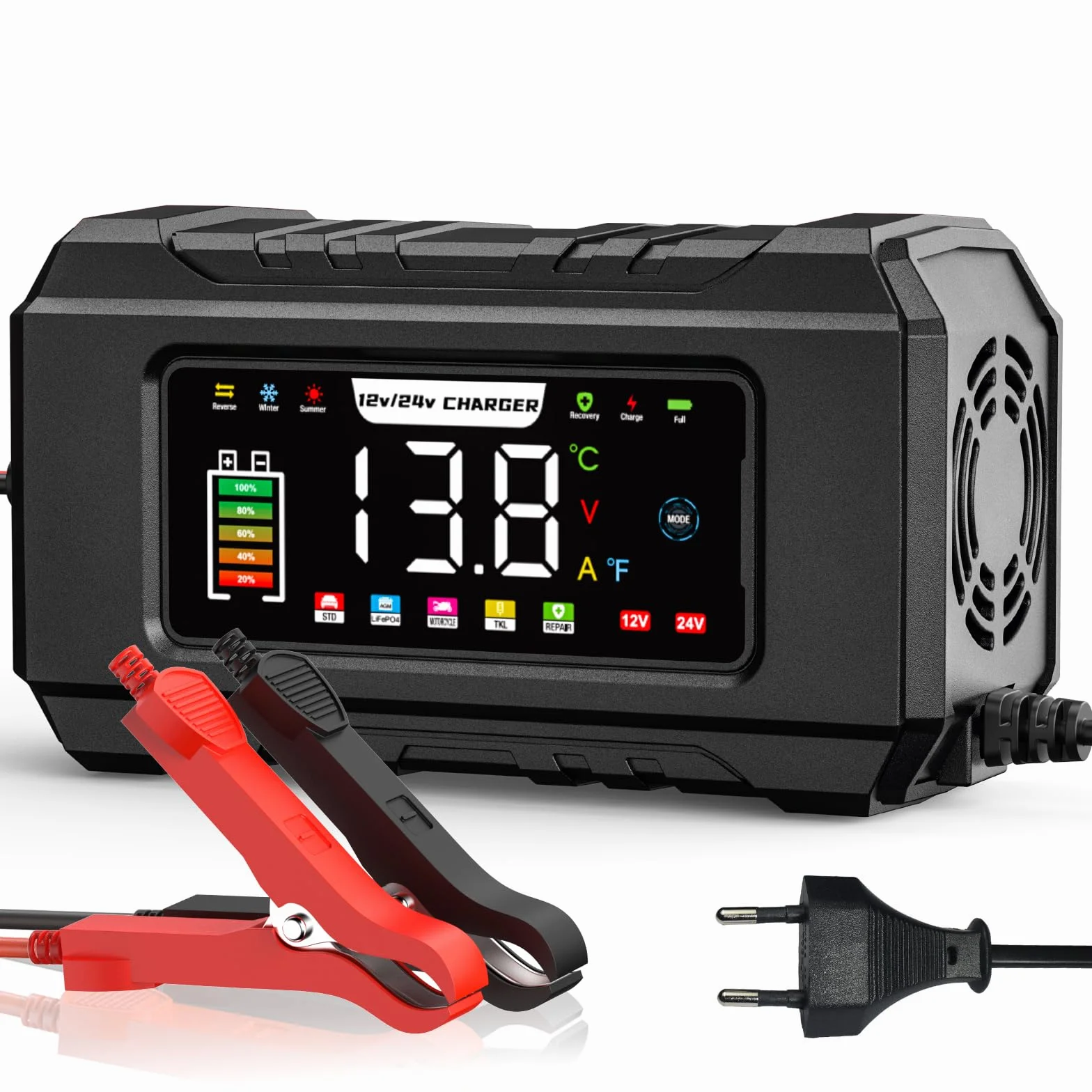 12V 15A Caricabatteria per Auto, 24V 8A Sicurezza Carica Batteria Moto 5 Modalità, Moto Carica Batteria with Temperature Compensation for Car Truck Motorcycle Marine Lead Acid Batterie