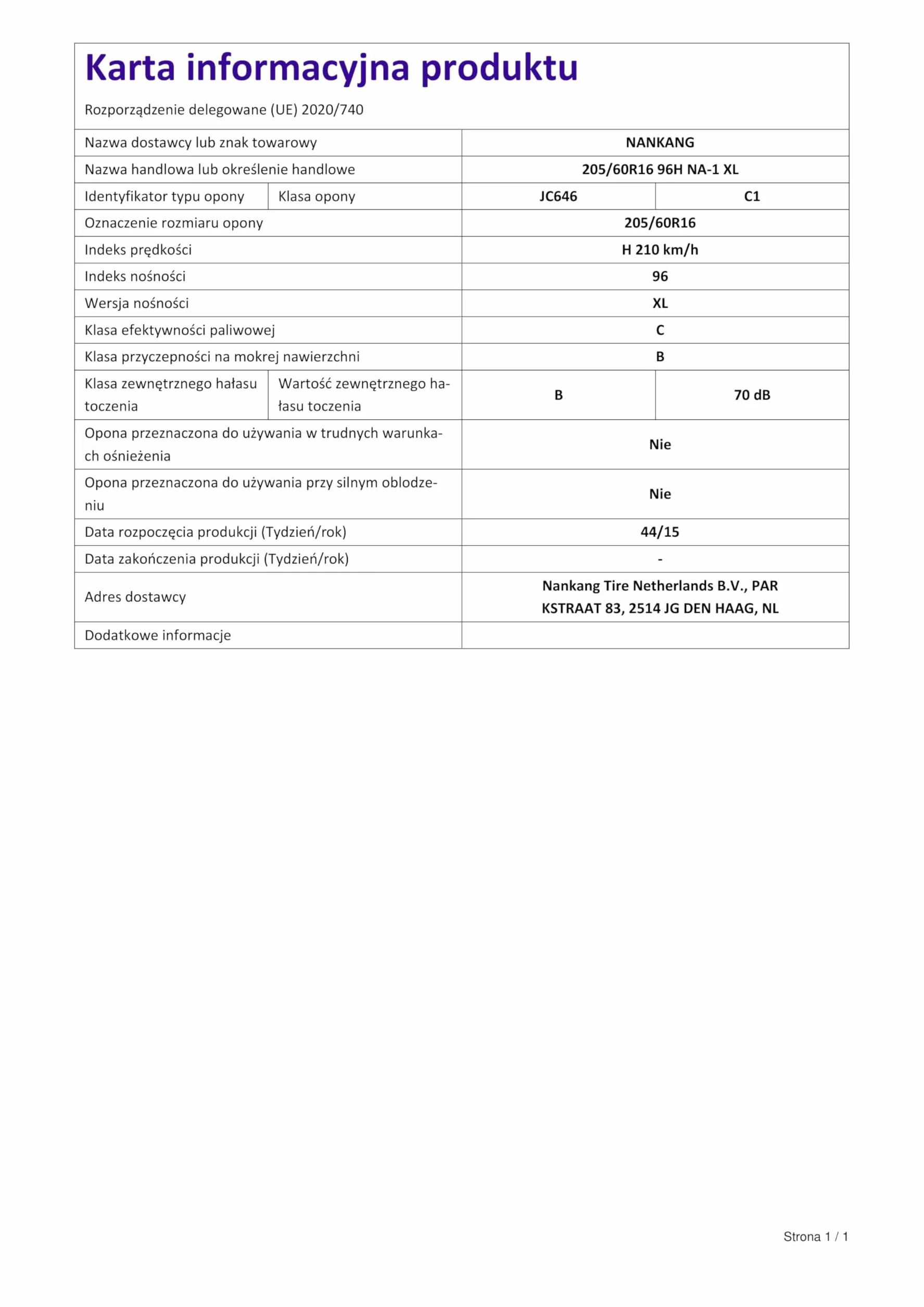 Nankang NA-1 XL - 205/60R16 96H - Pneumatico Estivo