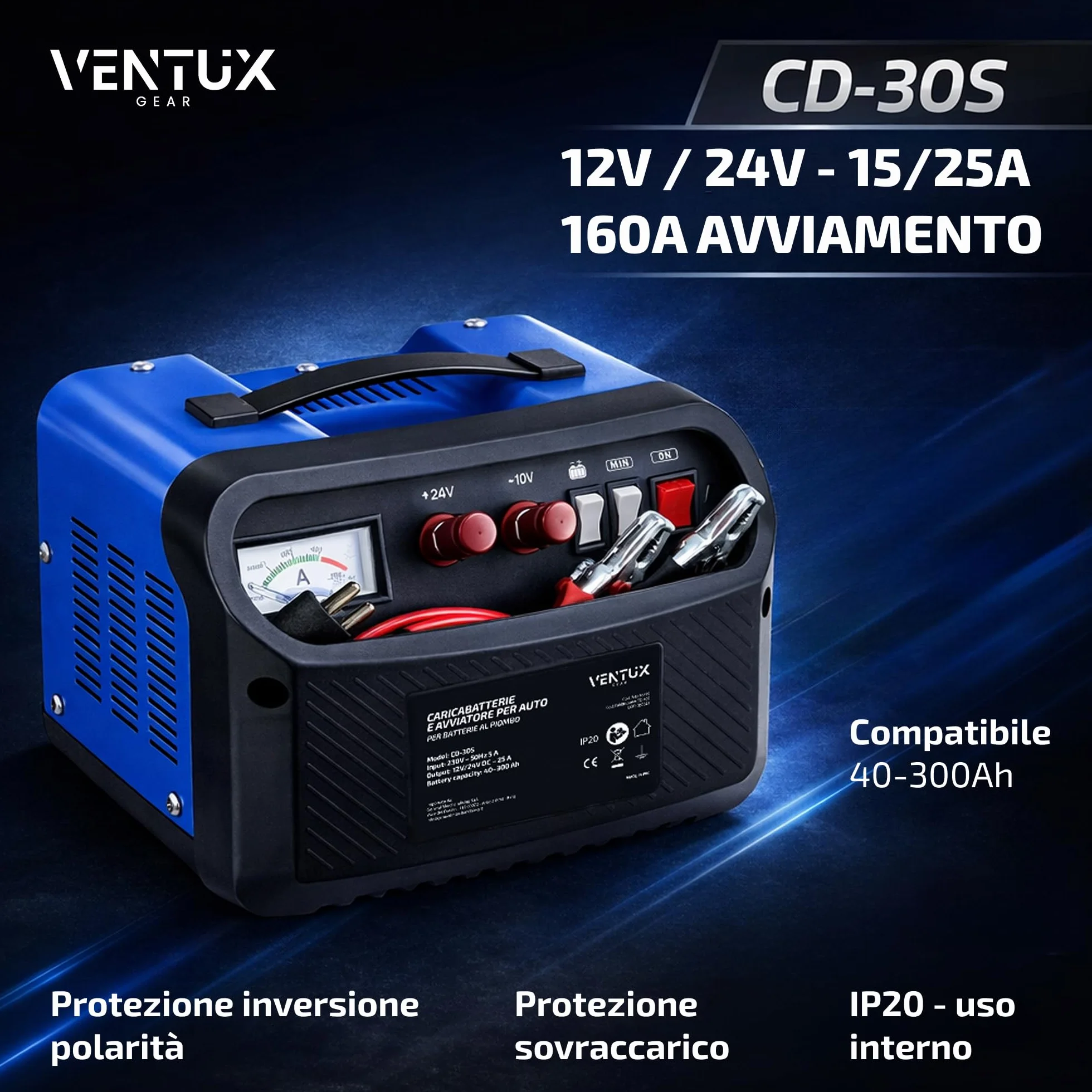 Caricabatterie e avviatore 12V/24V Ventux Gear CD-30S – Per Batterie al Piombo, Funzione Start 160A/260A, Amperometro Analogico, Protezioni di Sicurezza, Uso Auto e Officina
