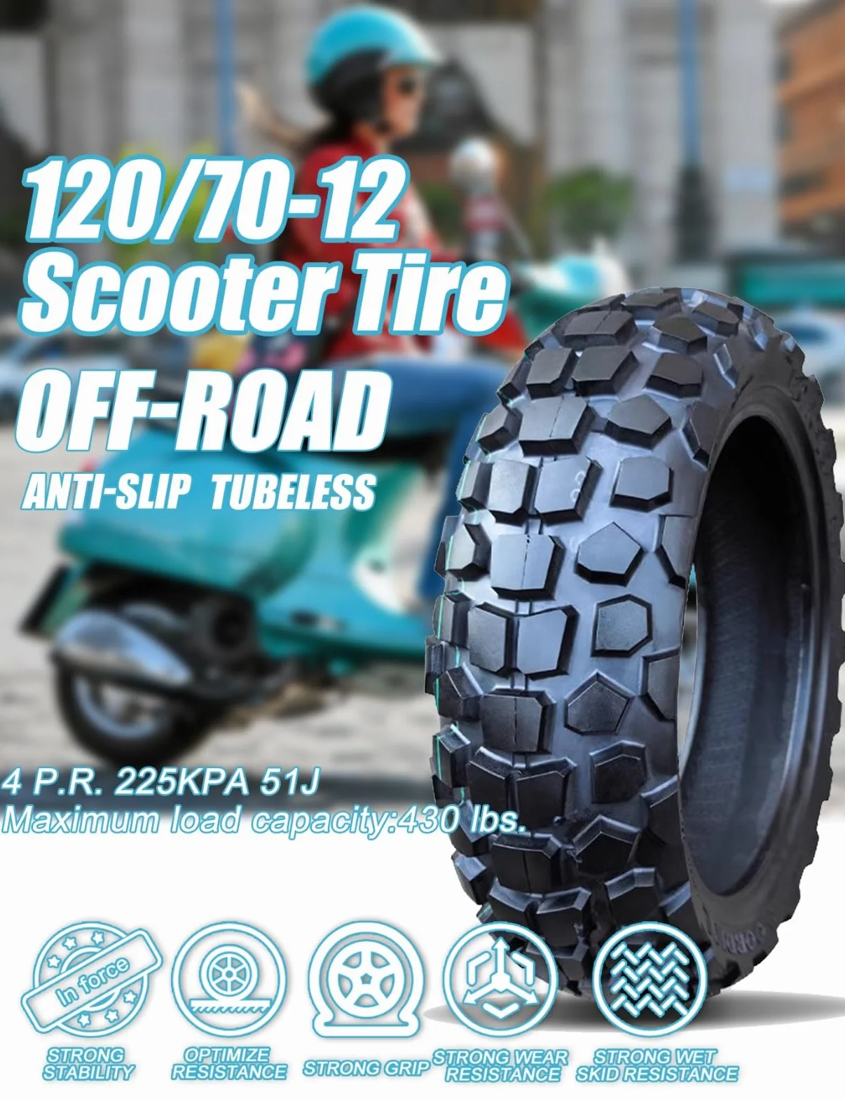 Pneumatico 120/70-12 per scooter/ciclomotore, 4 P.R 225 kPa CARICO MASSIMO 204 kg 59J Pneumatico antiscivolo senza camera d'aria 120/70/12, pneumatico tassellato resistente all'usura