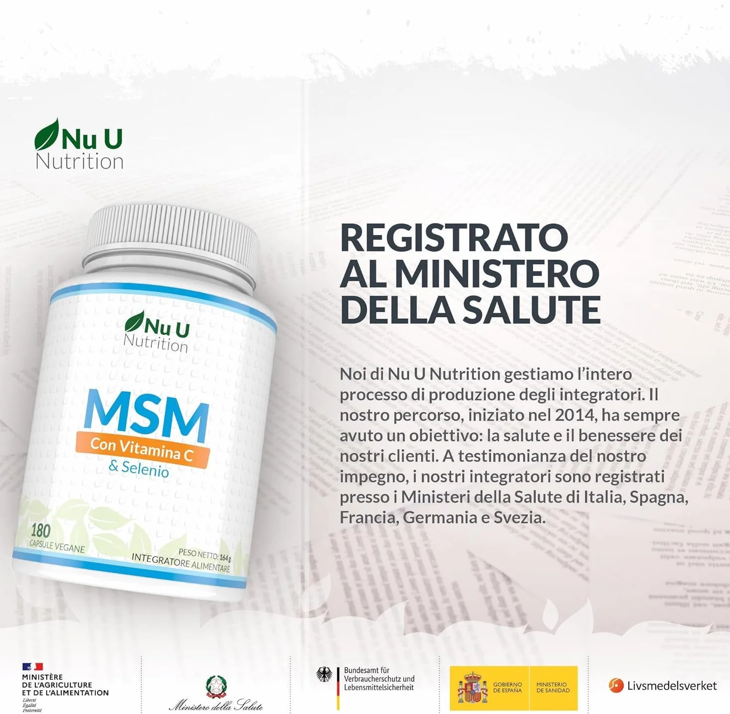 Nu U Nutrition MSM Puro Vitamina C & Selenio 180 Capsule Vegane 600mg Integratore Metilsulfonilmetano