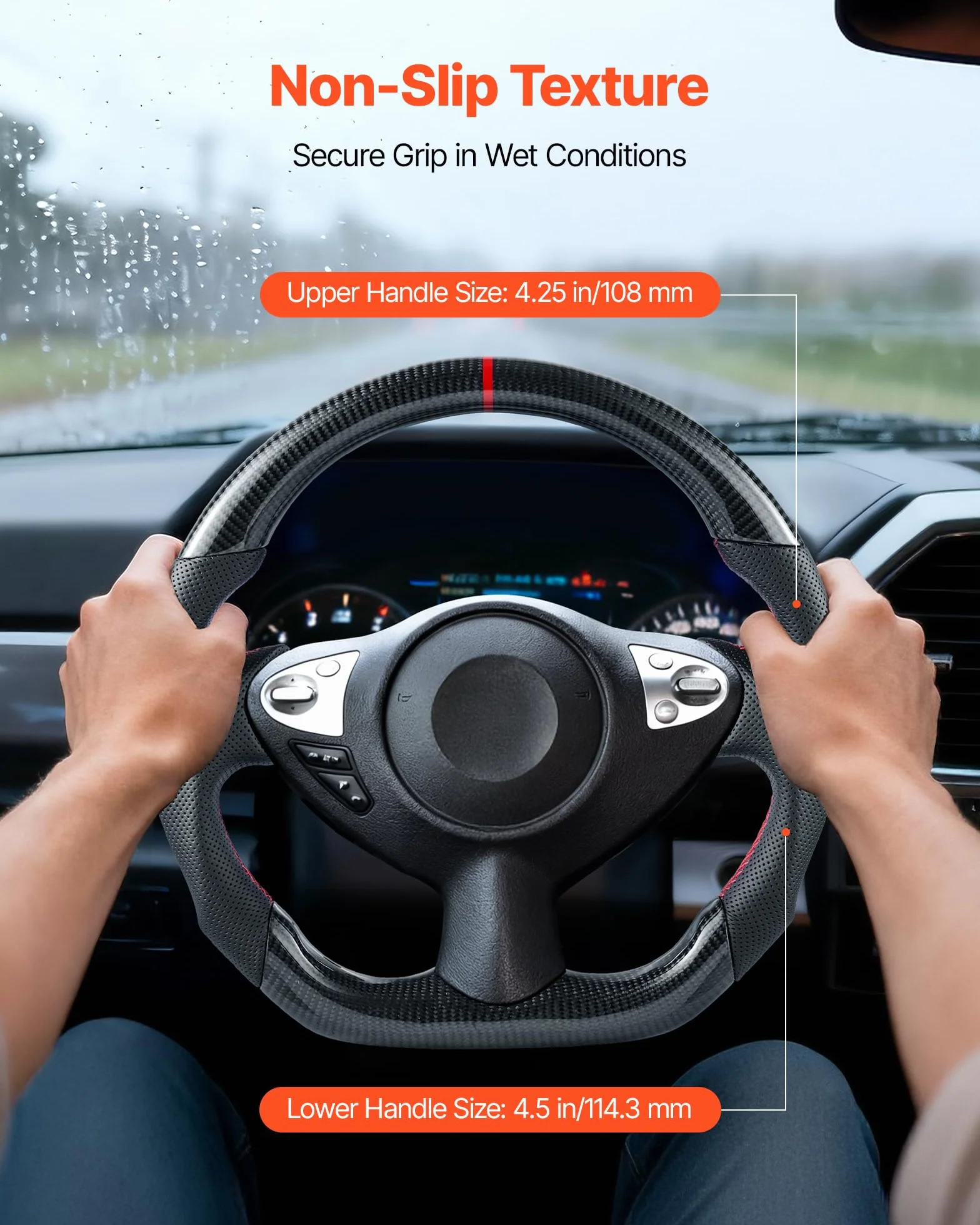 VEVOR Volante per Nissan 370Z 2008-2020, Volante in Fibra di Carbonio a Forma di D con Fondo Piatto, Impugnatura in Pelle con Trama Antiscivolo e Cuciture Precise, Accessori di Ricambio