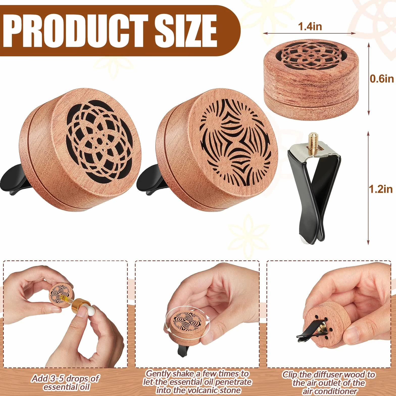 Diffusore di Oli Essenziali per Auto 2 Pezzi Diffusori Auto in Legno con Clip di Ventilazione