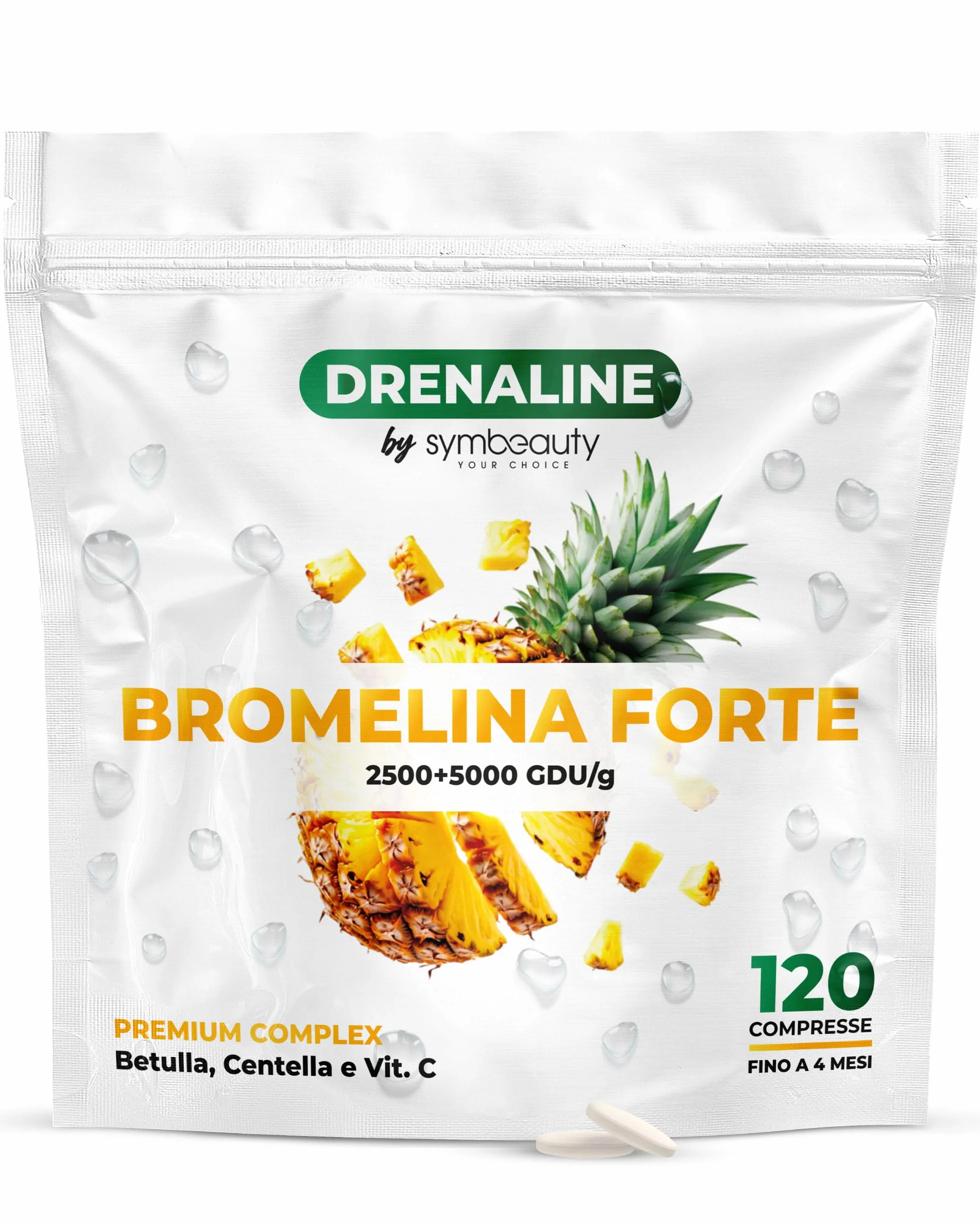 Symbeauty Bromelina Forte 120 Cpr Drenaline 2500+5000 GDU Betulla Centella Vitamina C Vegano Made in Italy