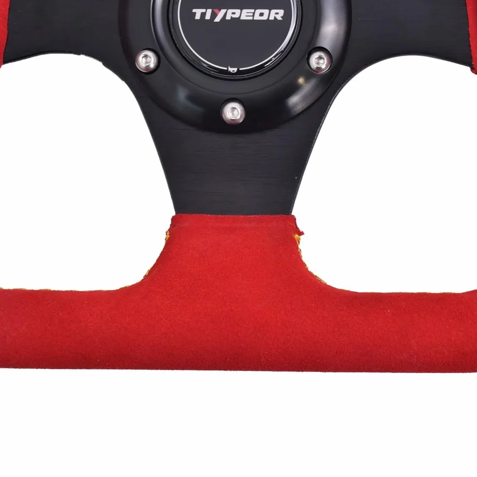 Volante da corsa a forma di D per go-kart, 320 mm (12,6"), in pelle scamosciata nera con cuciture blu, per auto sportive, drifting e simulatori di guida.