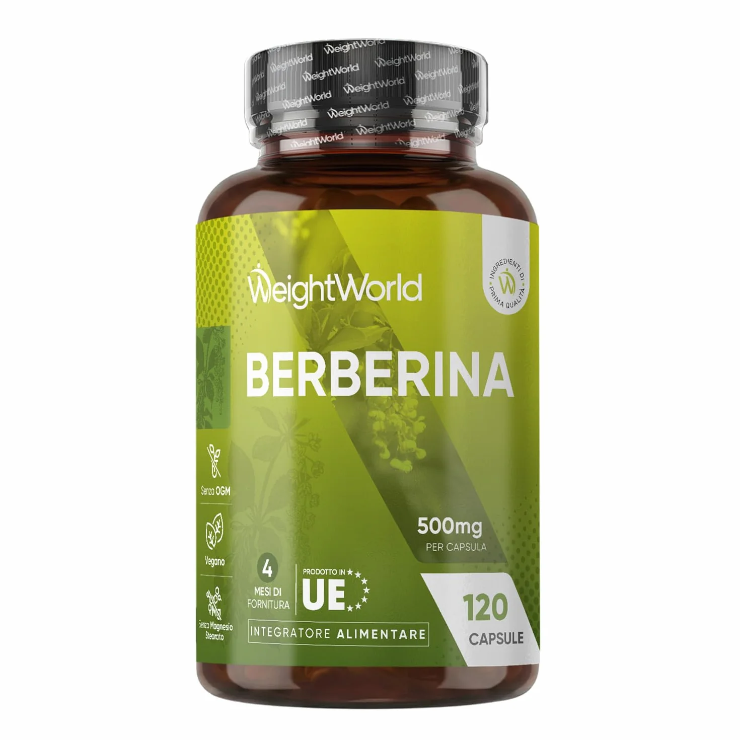 Berberina Vegana 500 mg Pura 85% Integratore 120 Capsule Berberis Aristata Senza Magnesio Stearato Prodotto in Europa