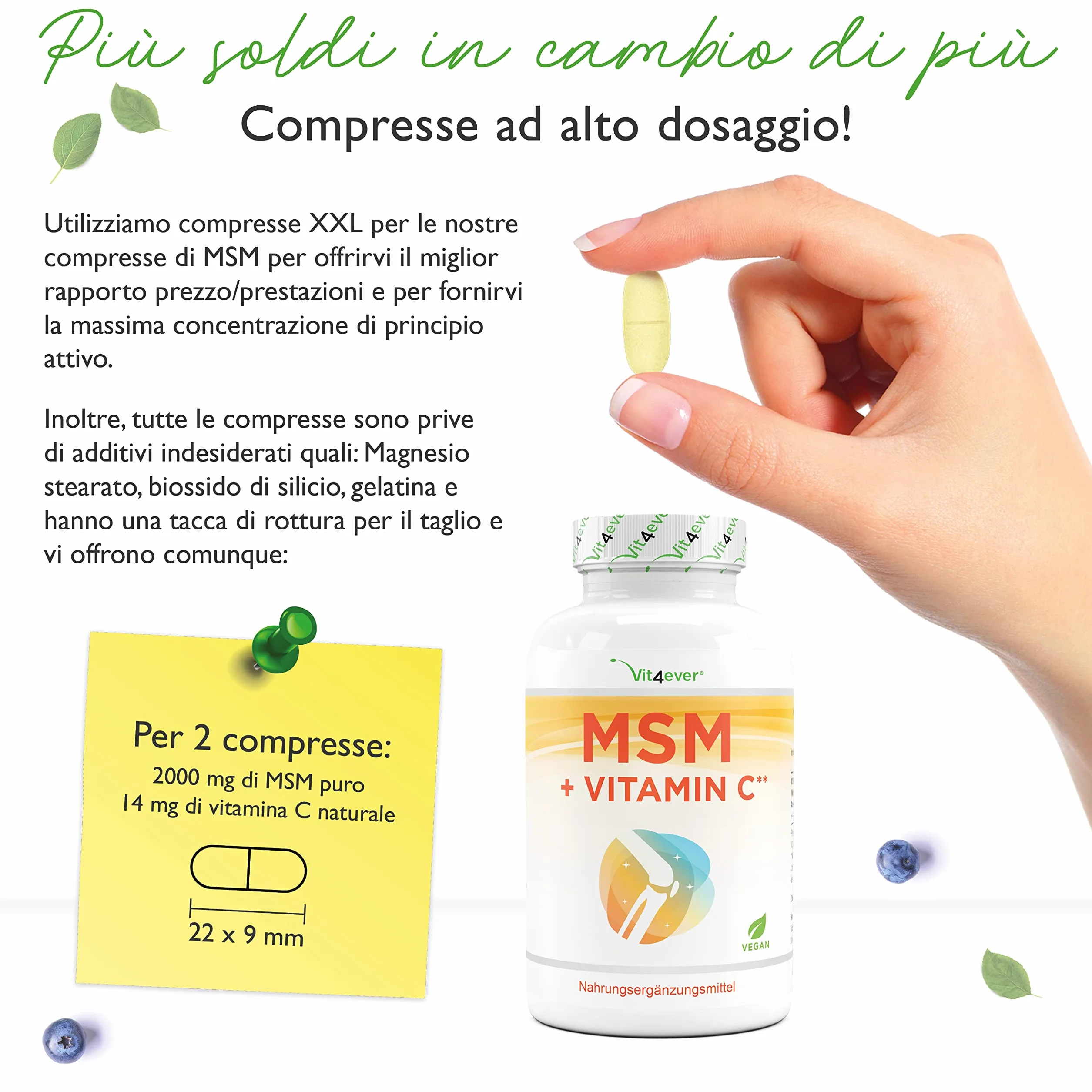 MSM 2000mg 365 compresse con vitamina C naturale acerola vegan
