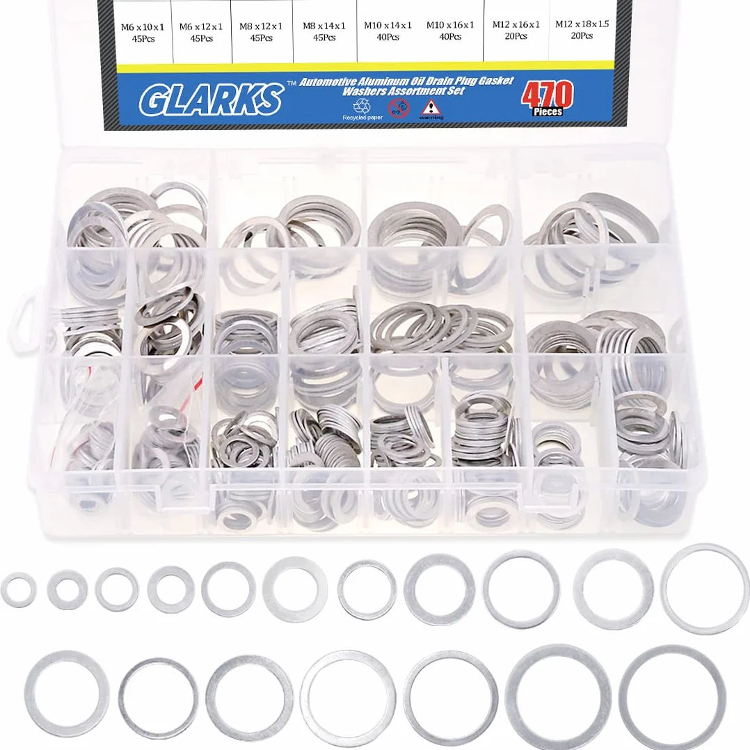 Glarks Set di guarnizioni per tappi di scarico dell'olio metrico in alluminio automobilistico da 470 pezzi, dimensioni M6 - M24
