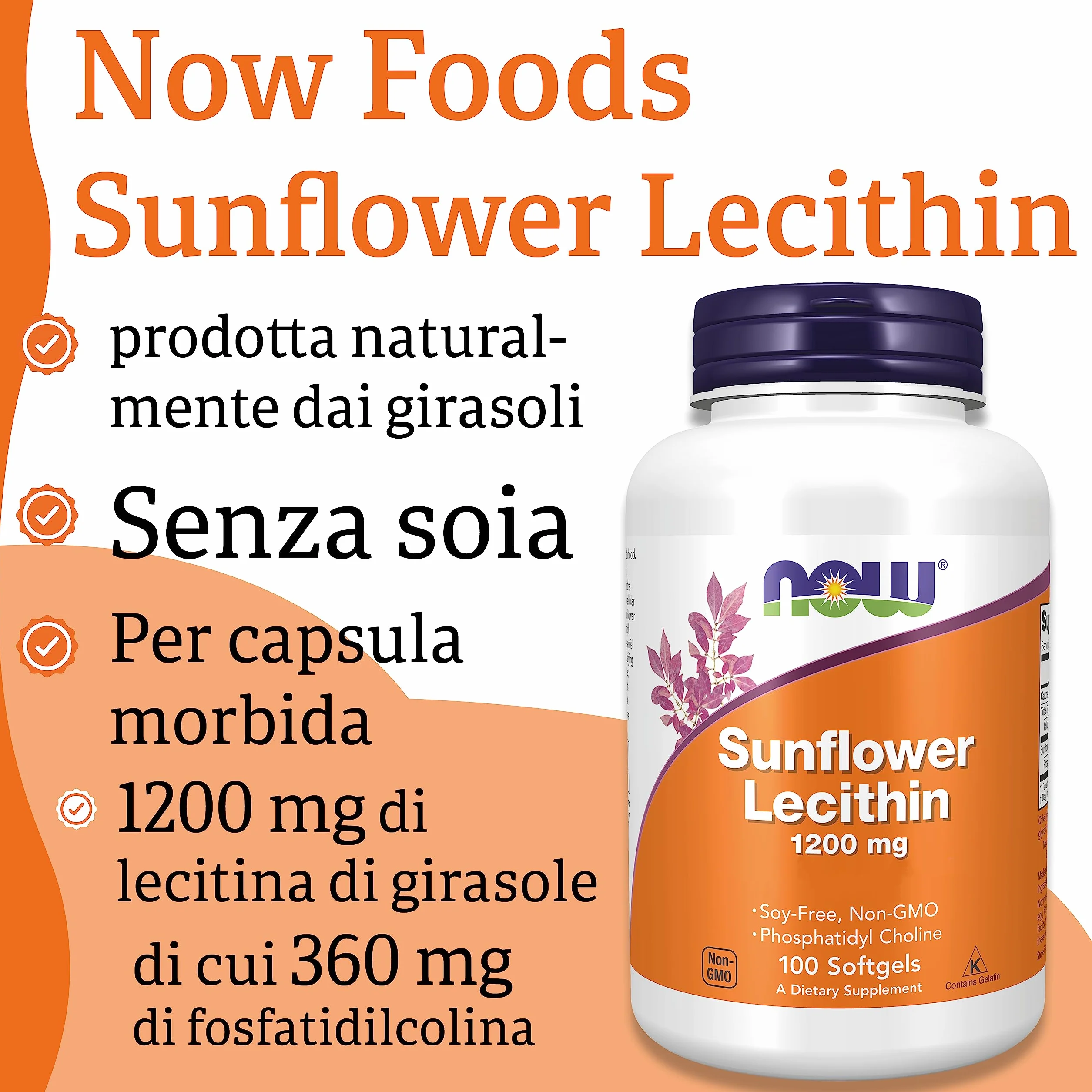 Now Foods Sunflower Lecithin 1200mg 100 Softgels Non-GMO Soy Free Gluten Free