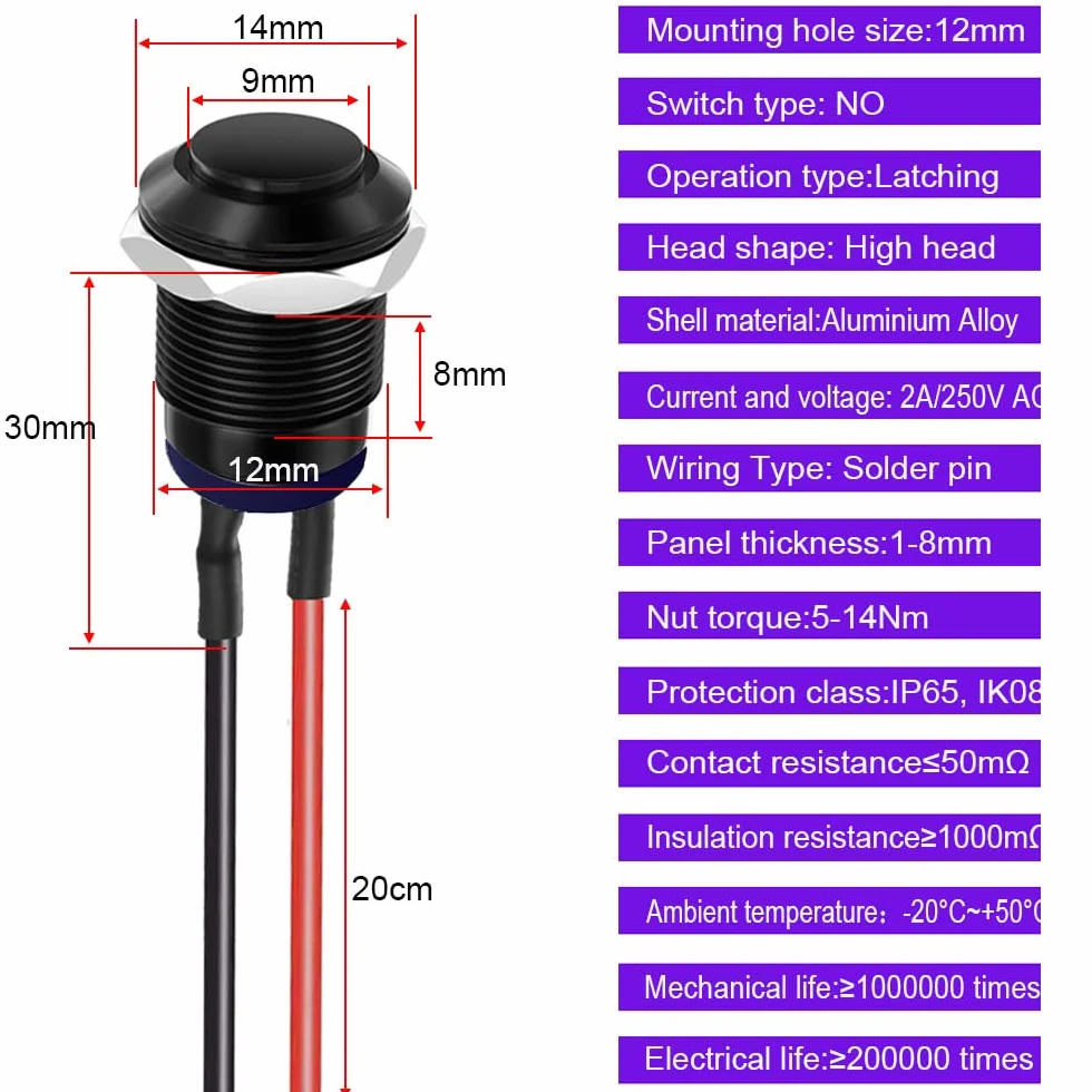 Gebildet 3pezzi Precablato IP65 Impermeabile Pulsante con Aggancio Autobloccante in lega di Alluminio Pulsante on off 12mm 2A 12V/24V/125V/250V CA (prevalenza alta)