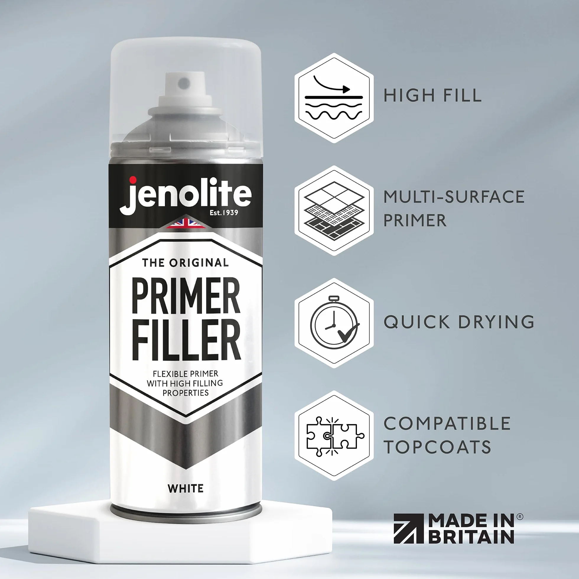 JENOLITE Primer Filler vernice spray | Bianco | Vernice primer multi-superficie ad alto riempimento | Riempie piccole ammaccature e graffi | Perfetto per carrozzeria, modelli di stampanti 3D e altro |