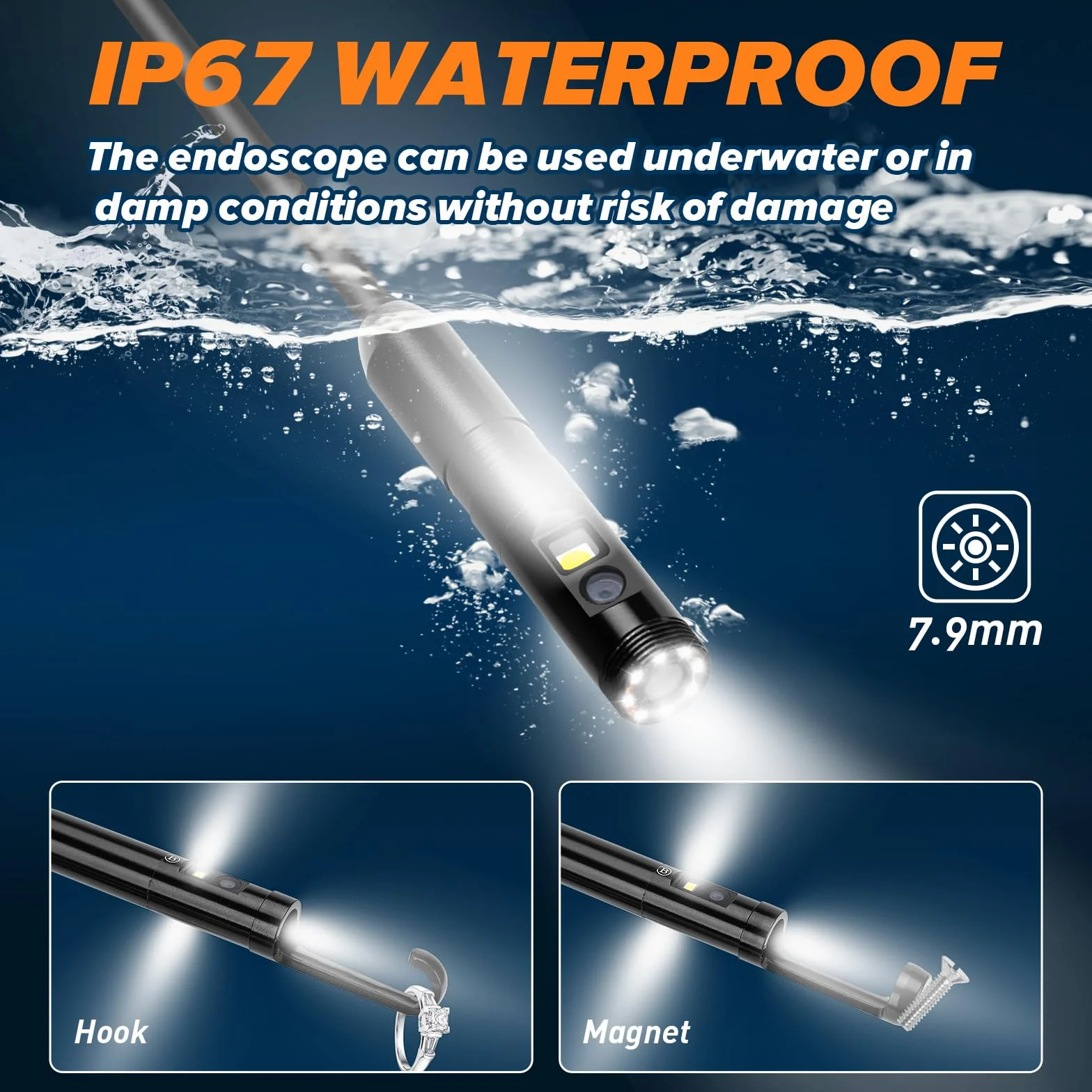 WADEO Endoscopio a Tripla Lente 1920P HD IPS 5'' Telecamera Impermeabile IP67 Cavo 10m 32GB