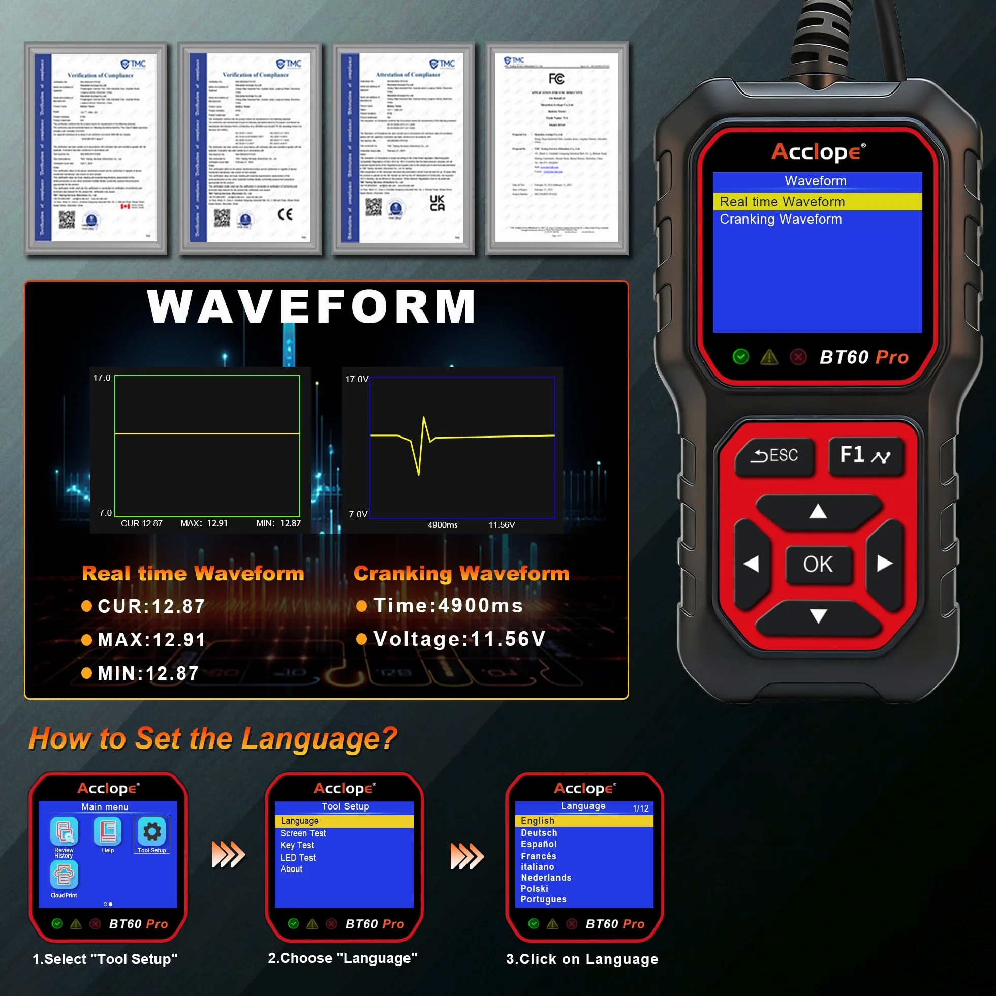 BT60 Pro Tester Digitale per Batterie Auto, CCA 100-3000, Analizzatore 6V 12V 24V, Sistema di Diagnostica Alternatore per Auto, Moto, Camion, Compatibile con AGM, Litio, Gel