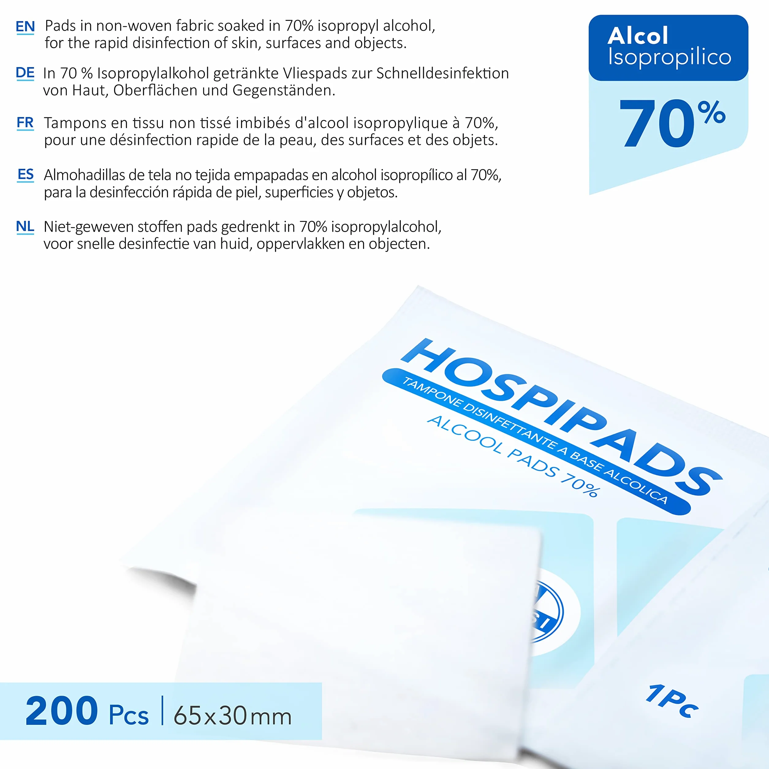 AIESI Tamponi salviette disinfettanti 70% alcool isopropilico 65x30 mm 2x100 pezzi HOSPIPADS