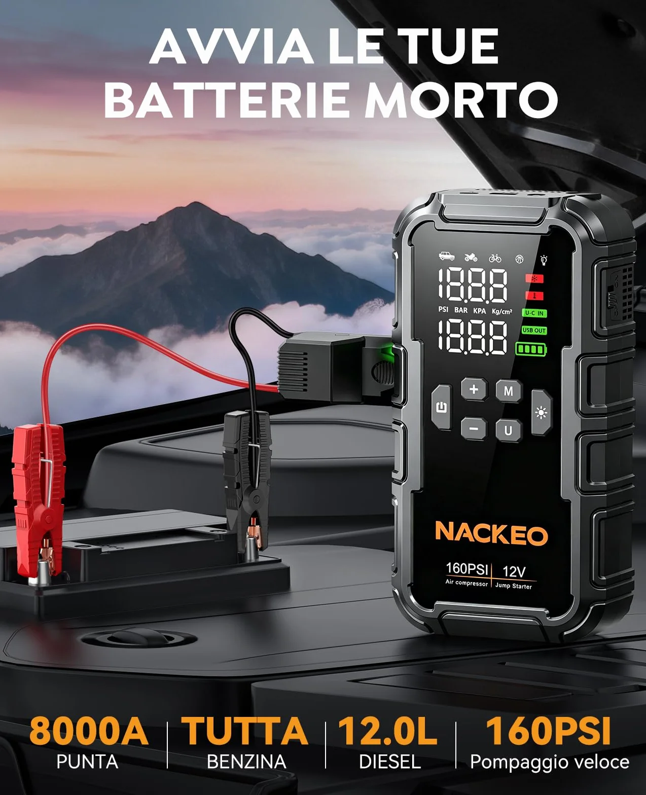 Avviatore Batteria Auto 160PSI 8000A Booster Avviamento 12V con Compressore LED LCD