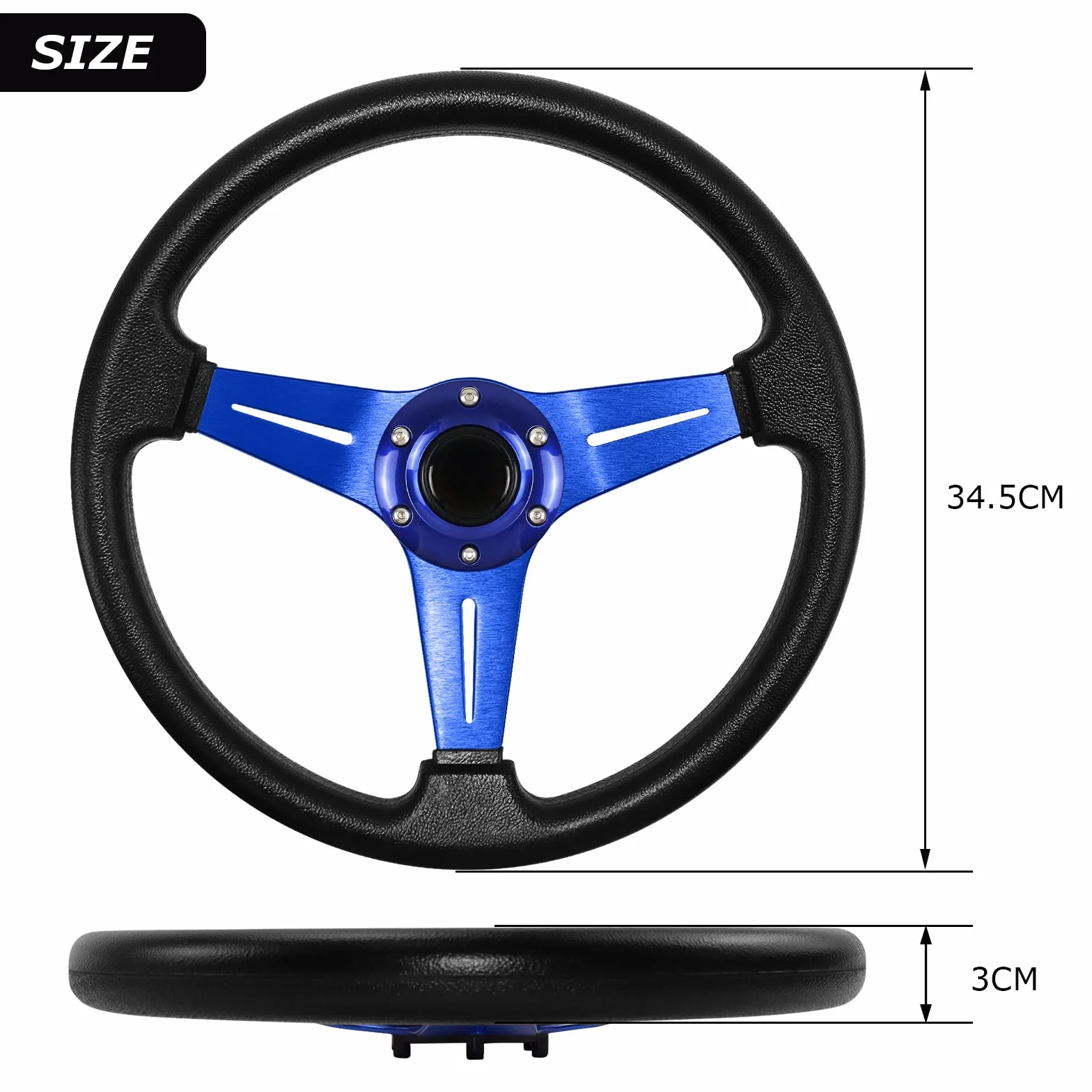 Universal Racing Lenkrad 13.6" 6 Schrauben Grip Vinyl Leder mit Hupe Taste für Rennen (Blau)
