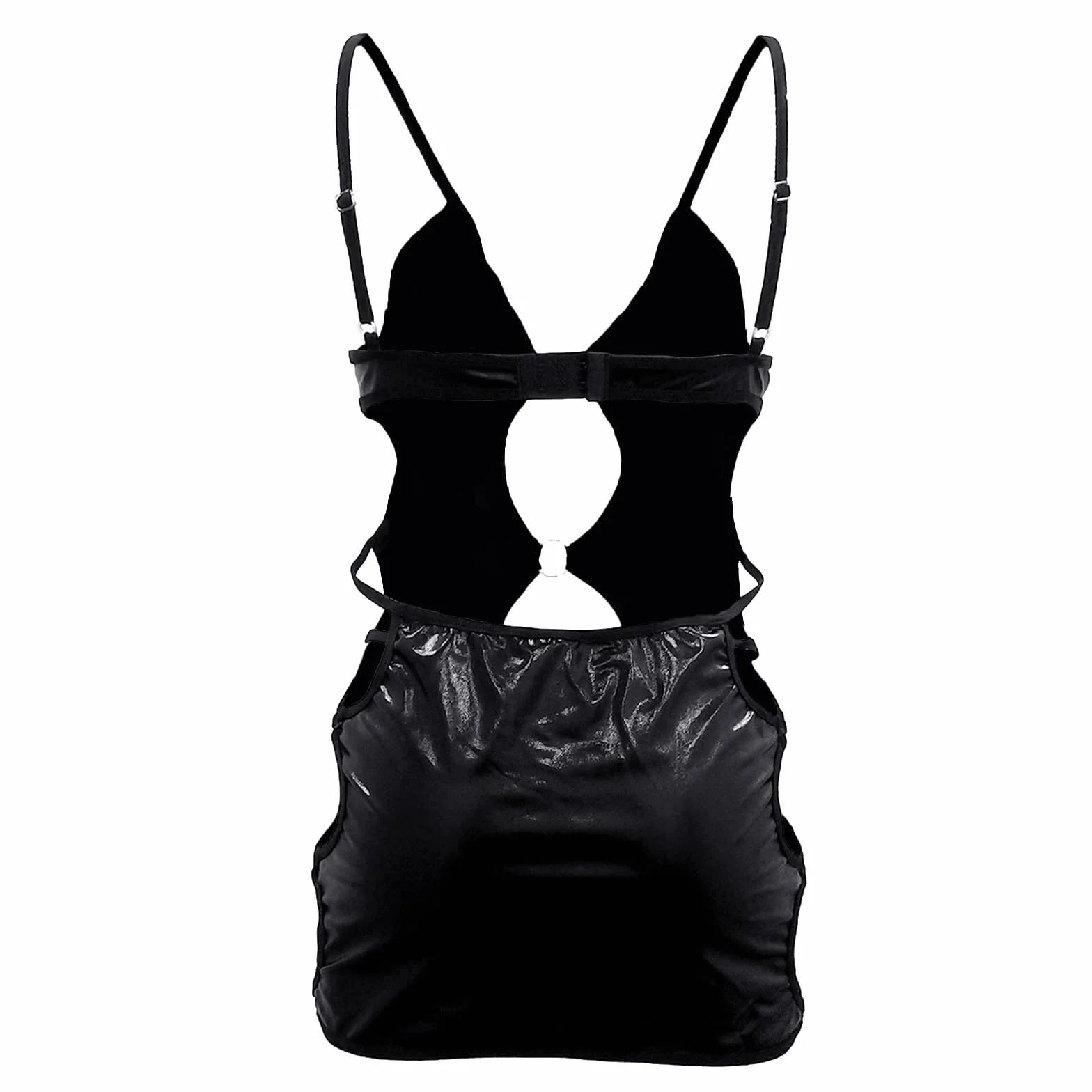 Sexy Patent Leather Mini Dress Bodysuit Deep V Neck Backless Lace Up Clubwear Black