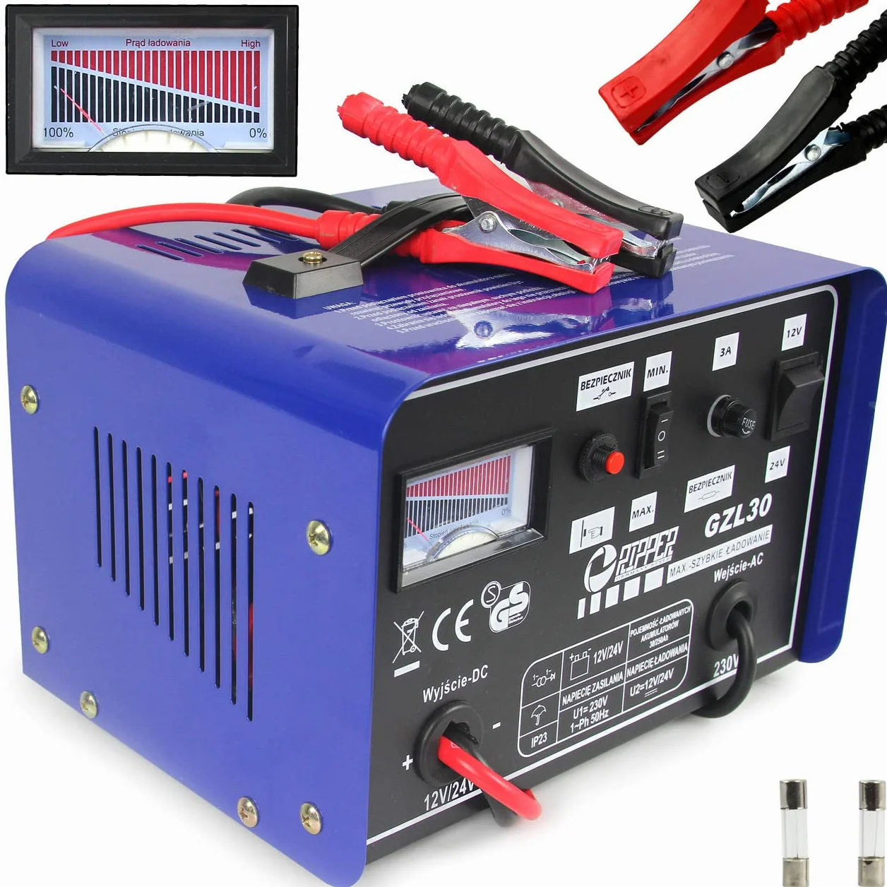 IMJ-Global - Carica Batteria per Auto e Moto Portatile per Batterie al Piombo (12V-24V | 30-180 Ah) Caricabatterie Auto Professionale con Funzione di Ricarica Rapida, Interruttore AntiSurriscaldamento