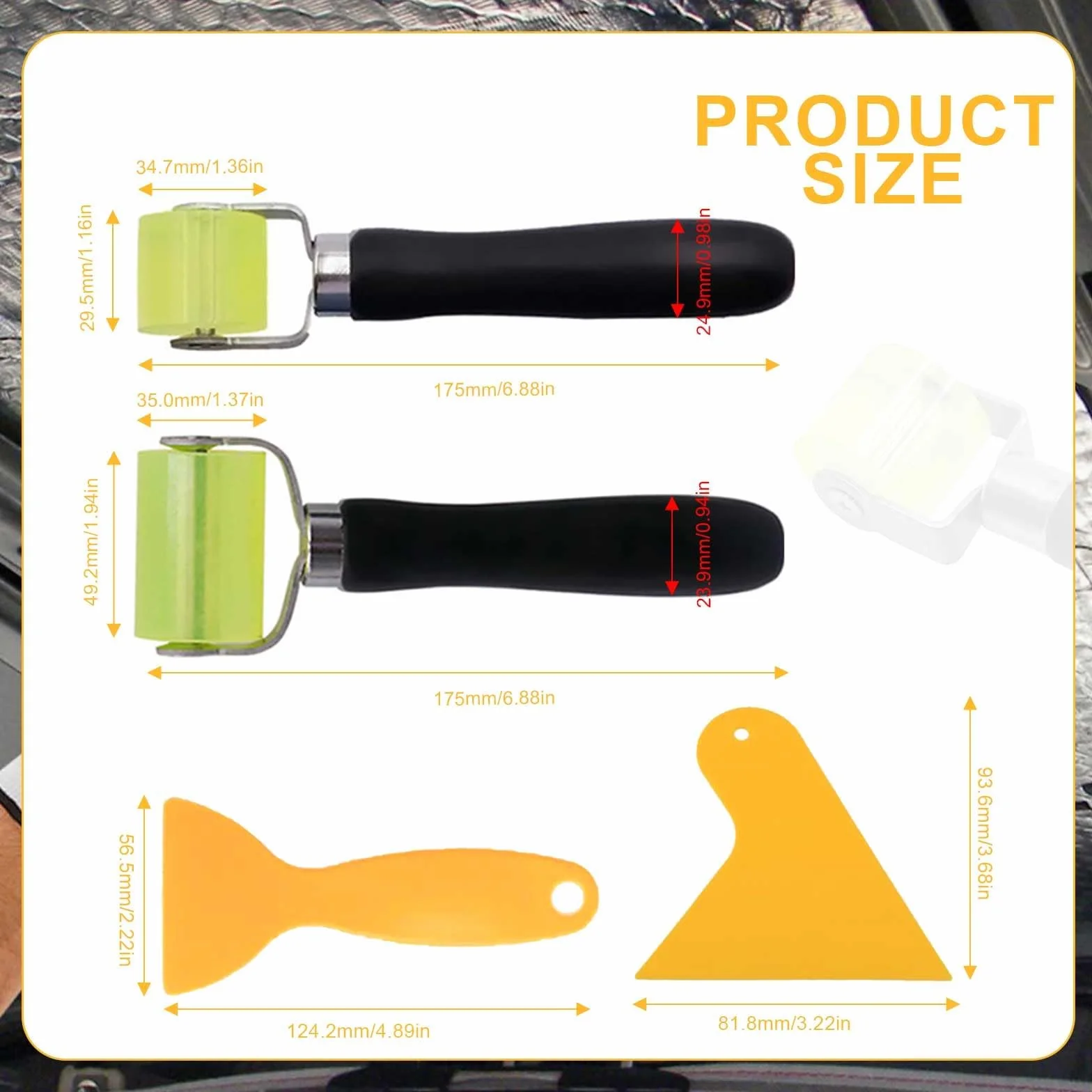 Rullo Fonoassorbente per Auto 2 Pezzi 30 mm + 50 mm, Rullo Silicone Testa in Silicone, Strumento Professionale Ruota Lnsonorizzata con 6 Raschietti, per Sigillatura Bordi, Saldatura