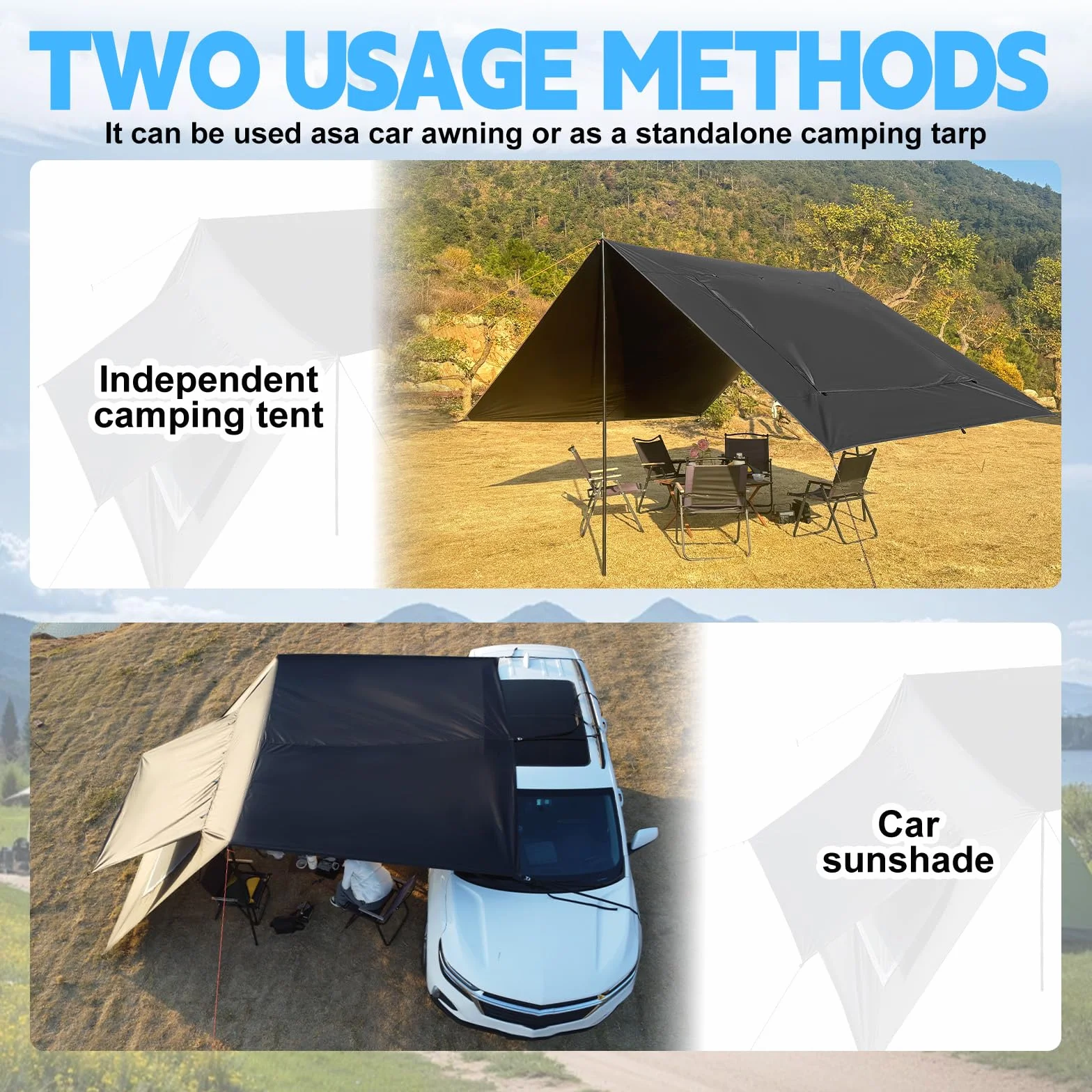 WingFly Tenda Da Campeggio Per Camper, 2,9 X 4,8 M, Tenda Da Sole Impermeabile E Protezione Solare Per Portellone Posteriore, Con Palo (Nero)