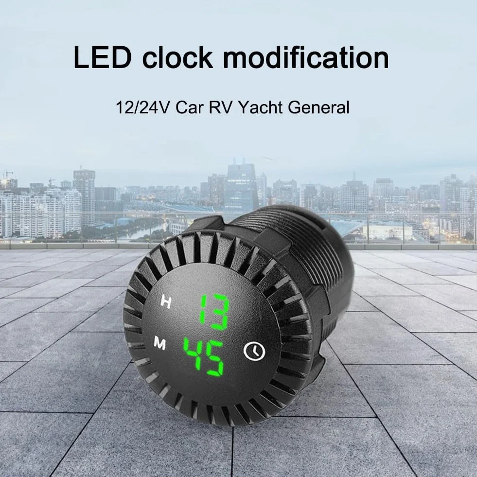 Pannello orologio digitale per auto e barca 12 V-24 V, display a LED con illuminazione verde, tensione DC 12-24 Volt, foro di montaggio da 28 mm, nero