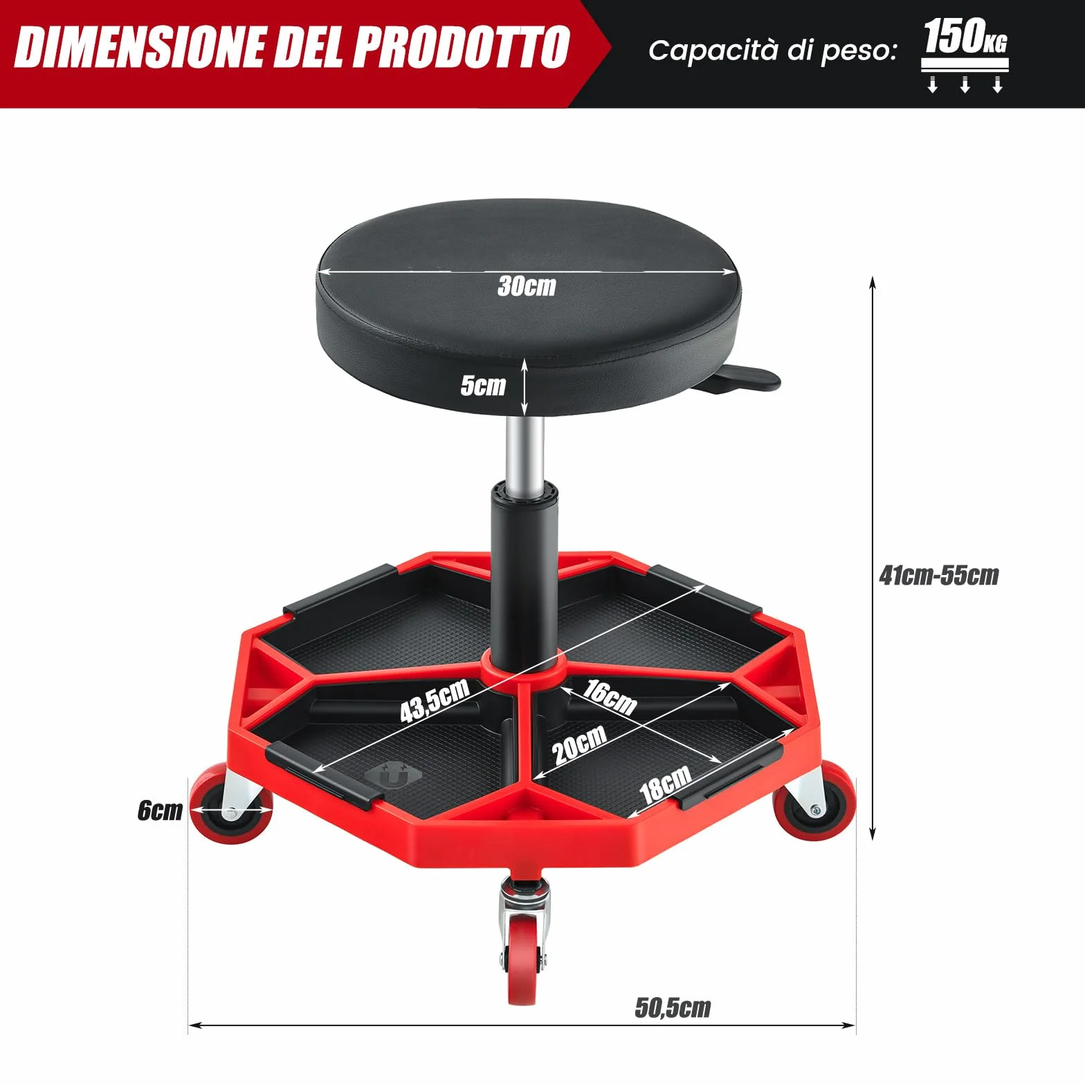 COSTWAY Sgabello da Officina con Ruote, 150 kg, Altezza Regolabile, Girevole, Rosso