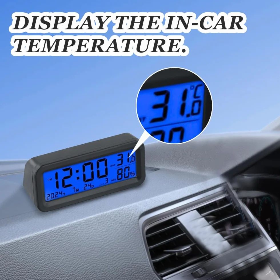 Mini Orologio Digitale da Auto Solare Cruscotto 8x3x3.5 cm Display LCD Temperatura