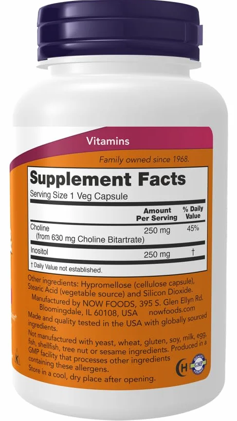 NOW Foods Choline and Inositol 500 mg, 100 Capsules