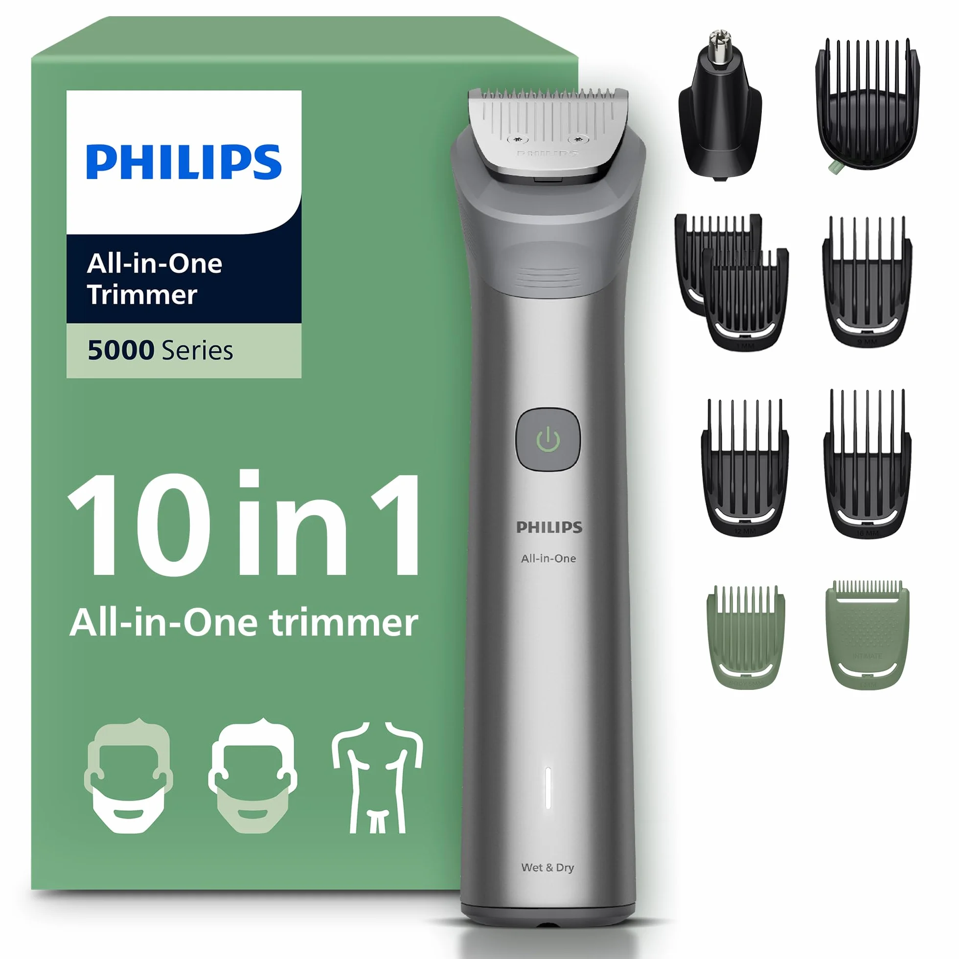Philips Multigroom Serie 5000 10 w 1 - Trymer do brody, włosów i ciała, lame metalowe, 11 ustawień długości (0,5-16 mm), MG5918/15