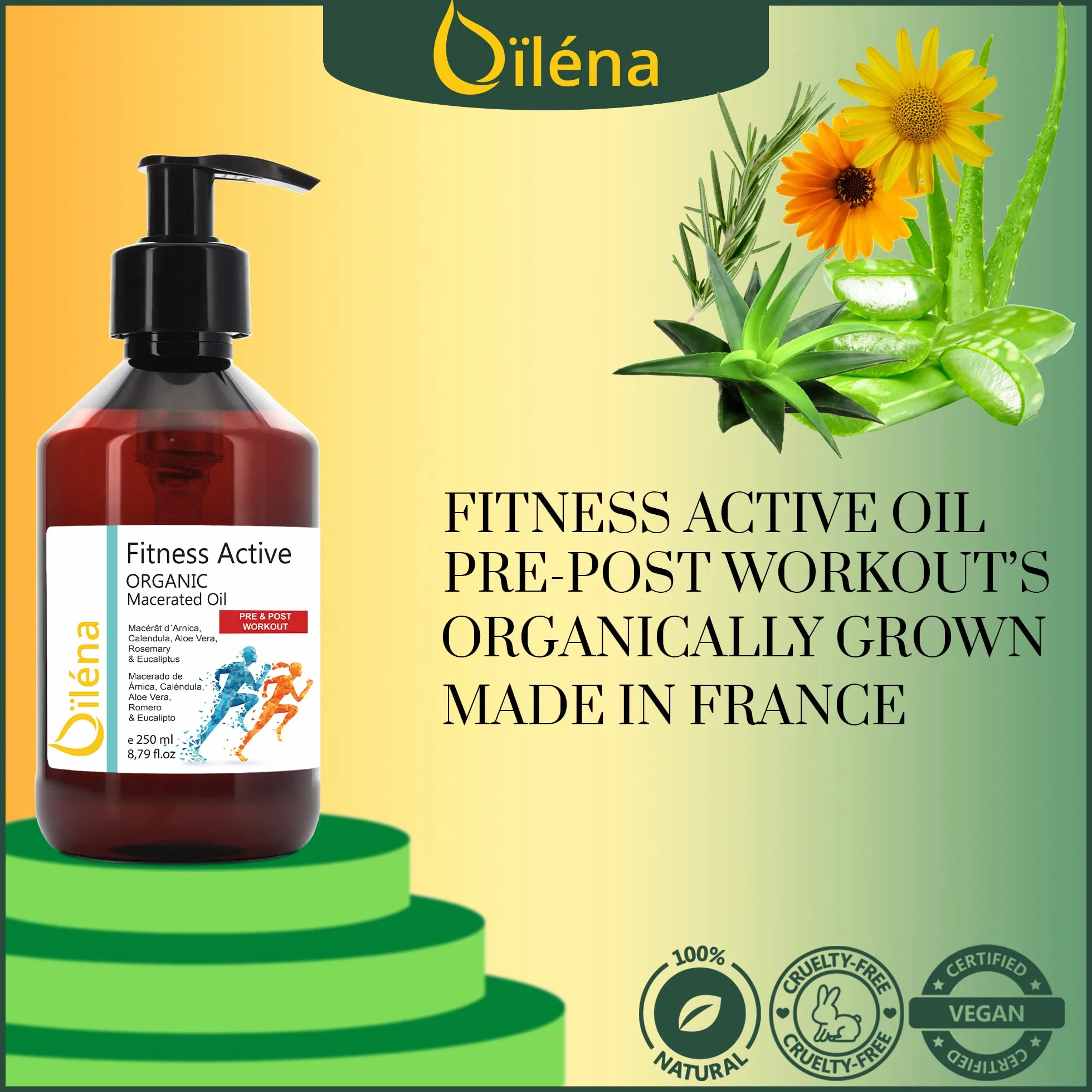 Olio Massaggio Muscolare 250ml Professionale Aloe Vera Calendula Rosmarino Eucalipto Pre-Post Allenamento