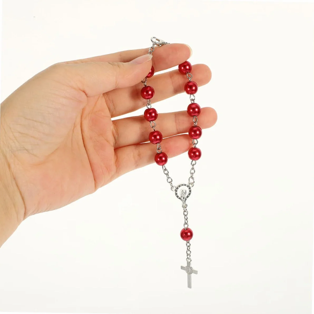 Rosario per Auto Specchietto Retrovisore Croce in Metallo Rosso, Set 2 Pezzi, Decorazione Religiosa Uomo Donna, Accessorio Interni Veicolo per Spiritualità e Stile Stili Multipli