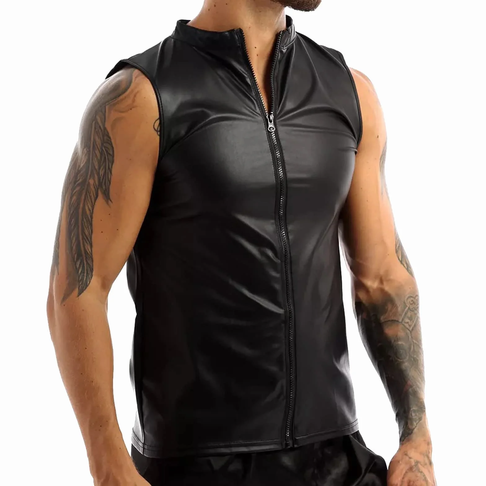 Kinkywear Camicia uomo pelle laccata slim fit maniche corte effetto bagnato