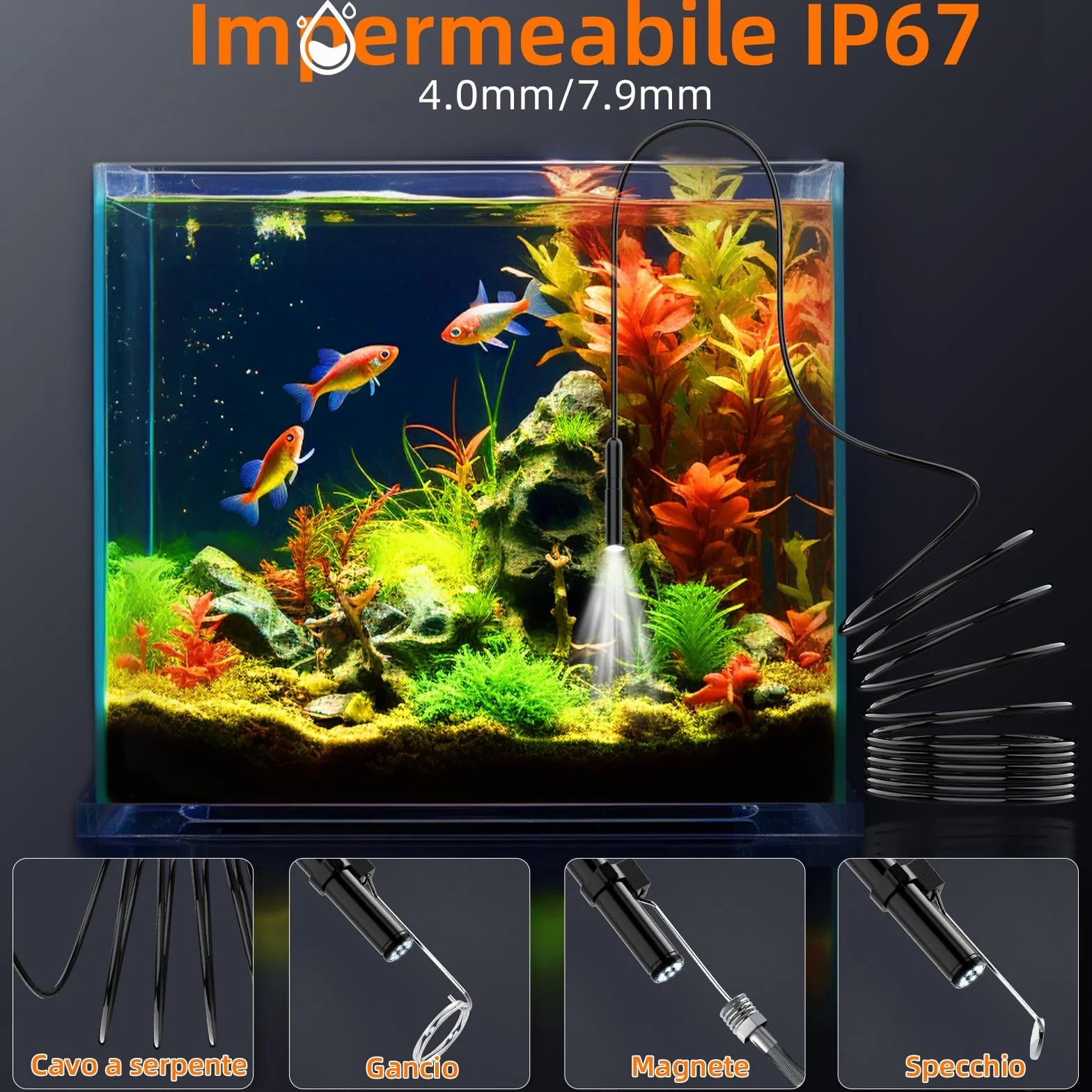 Endoscopio Industriale 1920P HD Telecamera Ispezione Tubi 4,3" Schermo IP67 Sonda 8 LED 5M