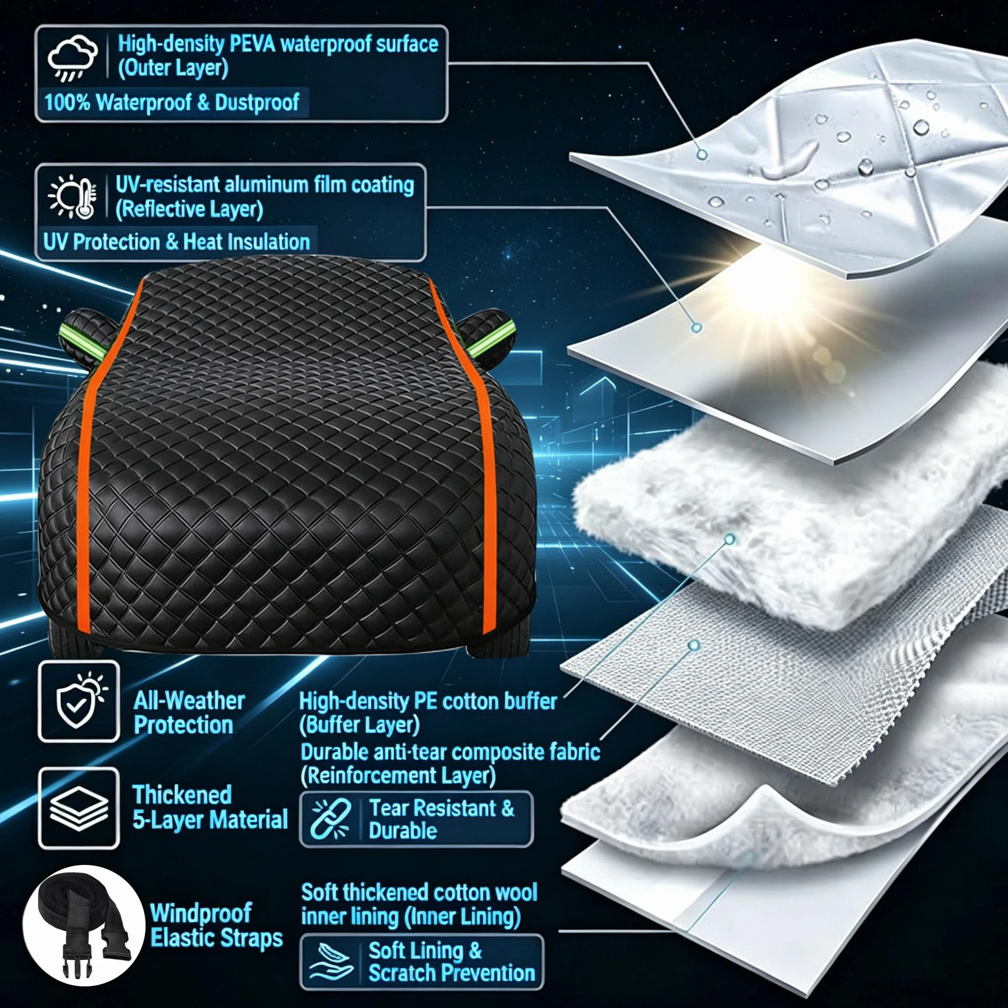 Telo Copriauto Antigrandine Imbottito per Mini Cooper Cabrio R57,Copertura Auto Antigrandine Impermeabile E Resistente Anti UV Antipolvere Vento,con Strisce Riflettenti