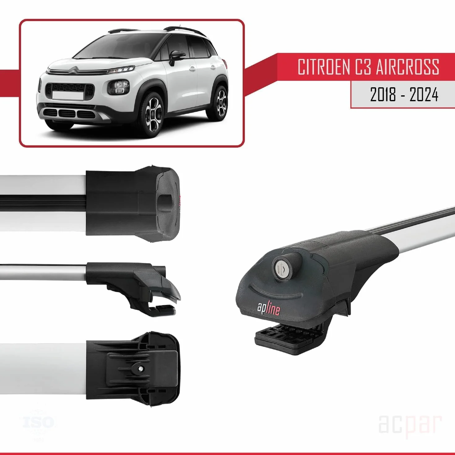 Compatibile con Citroen C3 Aircross (A88) 2018-2024 Modello ACE-1 Barre Tetto Portapacchi Auto Barre Portatutto Grigio Alluminio 2 Barre