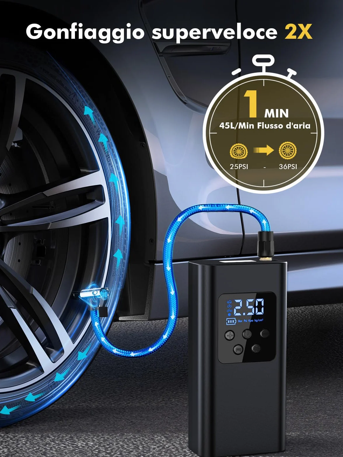 Compressore Aria Portatile 45L/min 6000mAh Batteria 4 Modalità Gonfiatore Elettrico LED