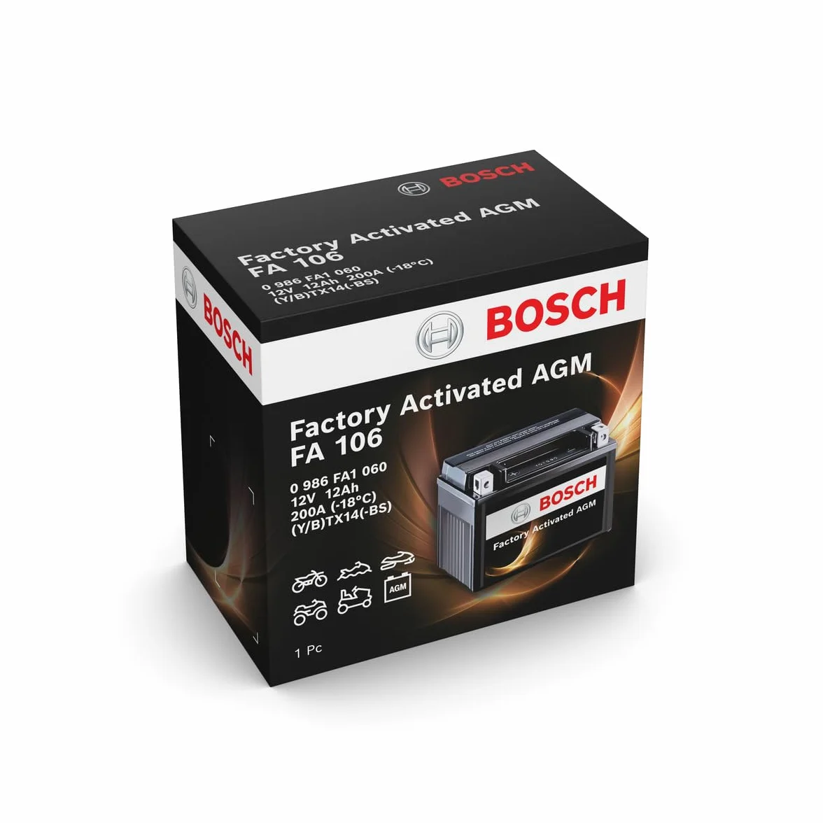 Bosch FA106 Batteria AGM per Motocicli 12V 200A 12Ah Compatibile M6018 BTX14-BS BTX14