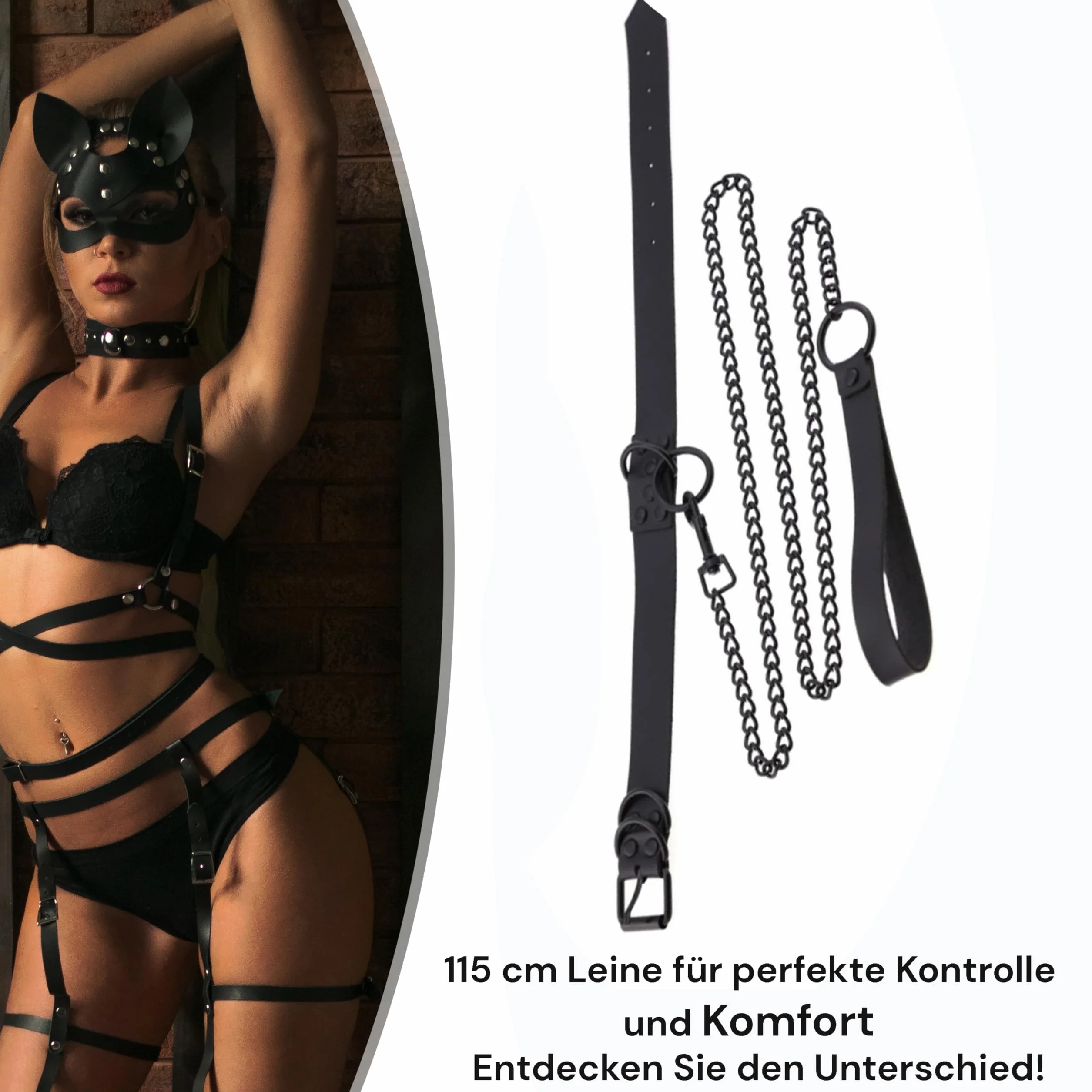 FOPS B19 Collare BDSM Similpelle con Guinzaglio 115 cm Nero per Donna e Uomo, Choker Interno Velluto